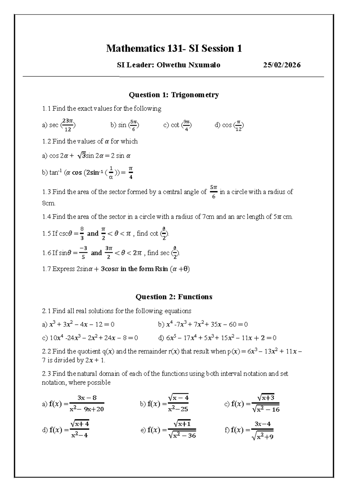 Mathematics SI Session 1 Worksheet 1 - Trigonometry & Functions - Studocu