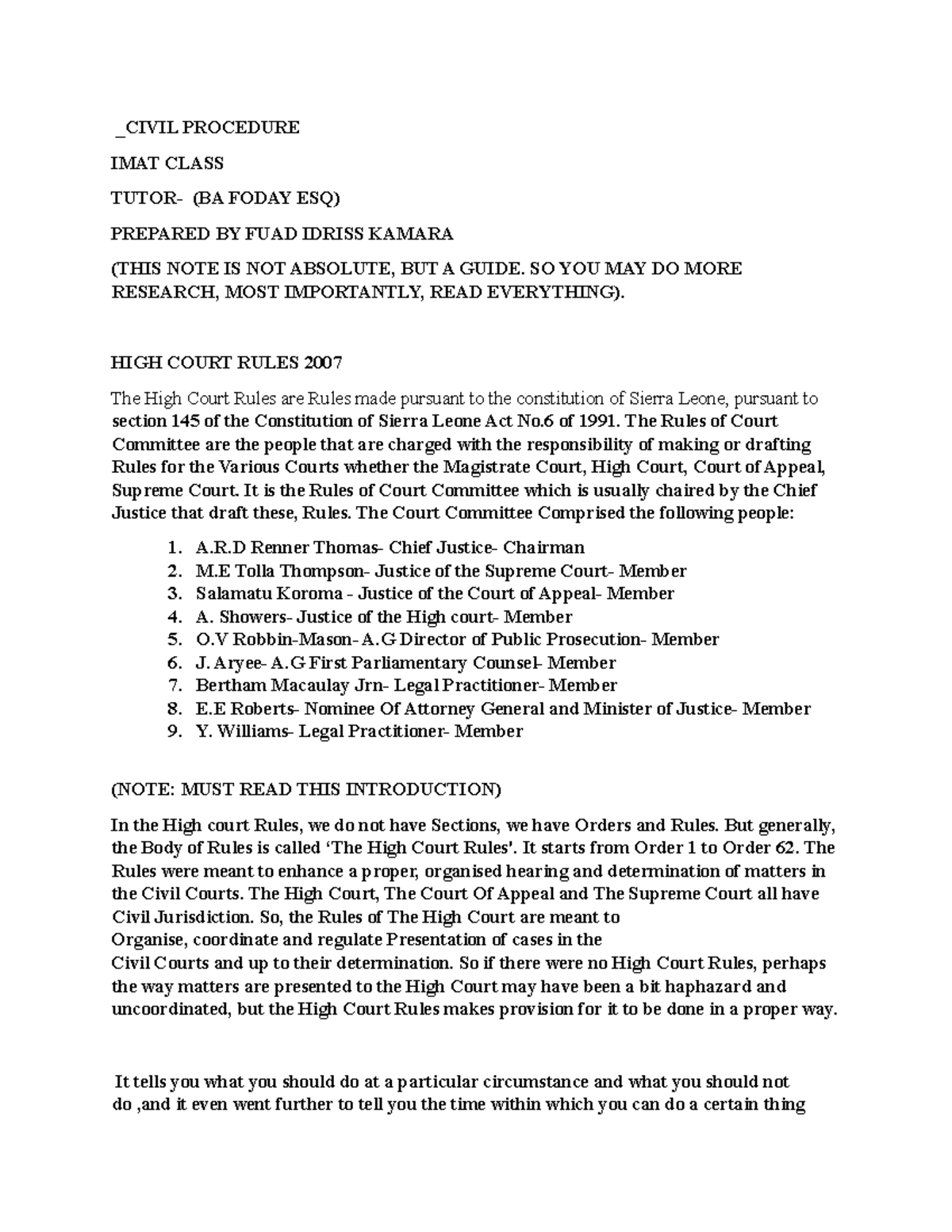 Civil Procedure IMAT Class Notes - A Guide to High Court Rules - Studocu
