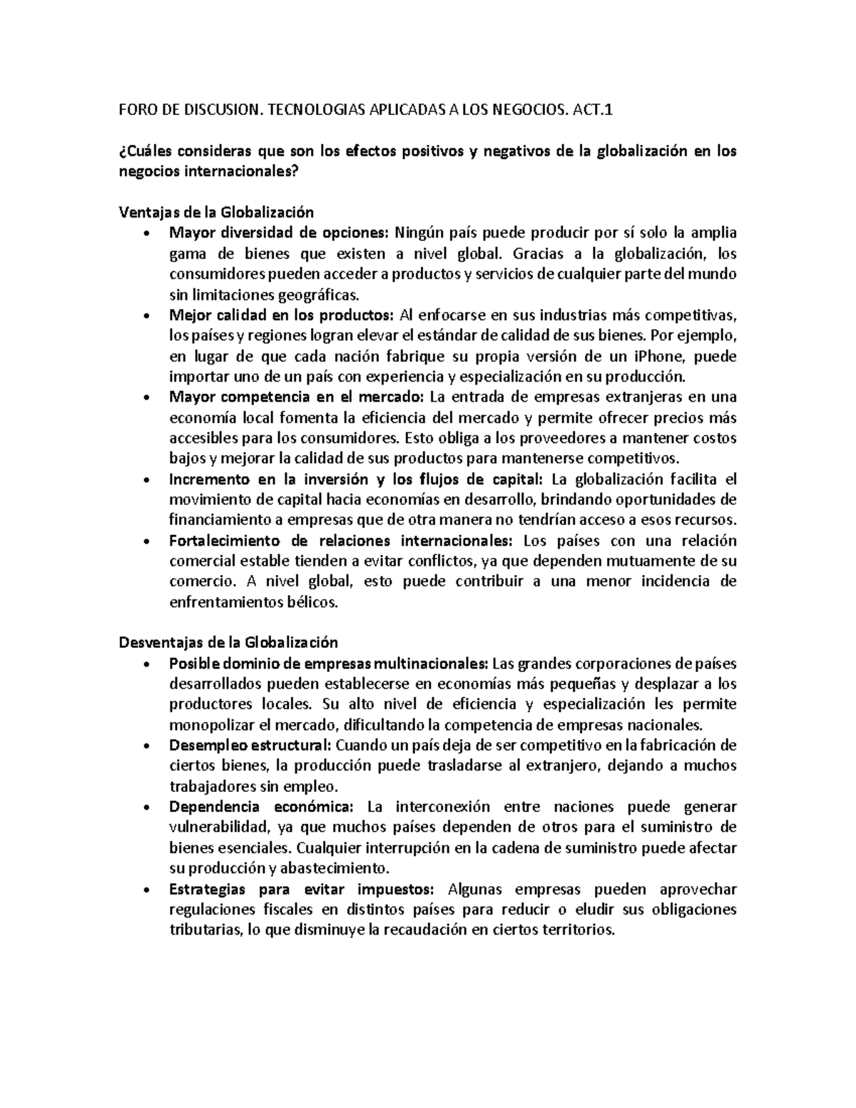 FORO DE Discusión: Impacto de la Globalización en Negocios (ACT) - Studocu