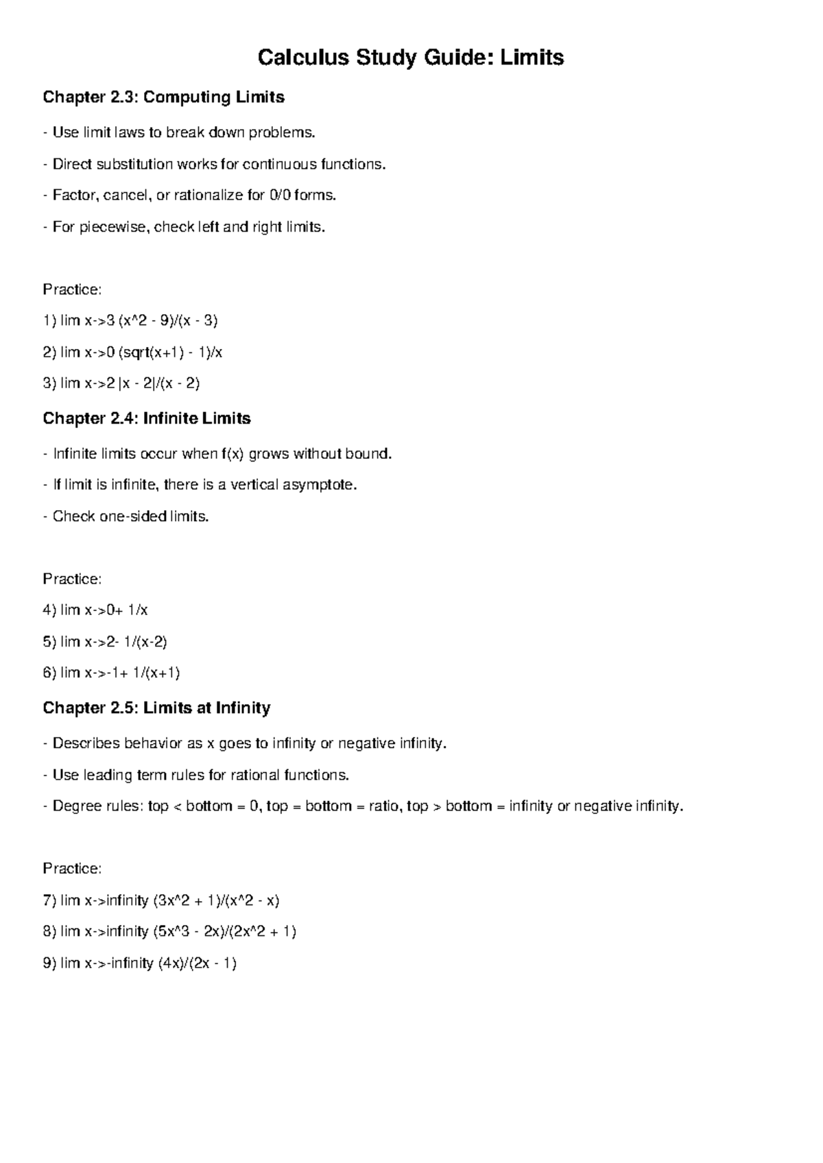 Calculus Study Guide: Limits (Ch. 2.3-2.5) and Practices - Studocu