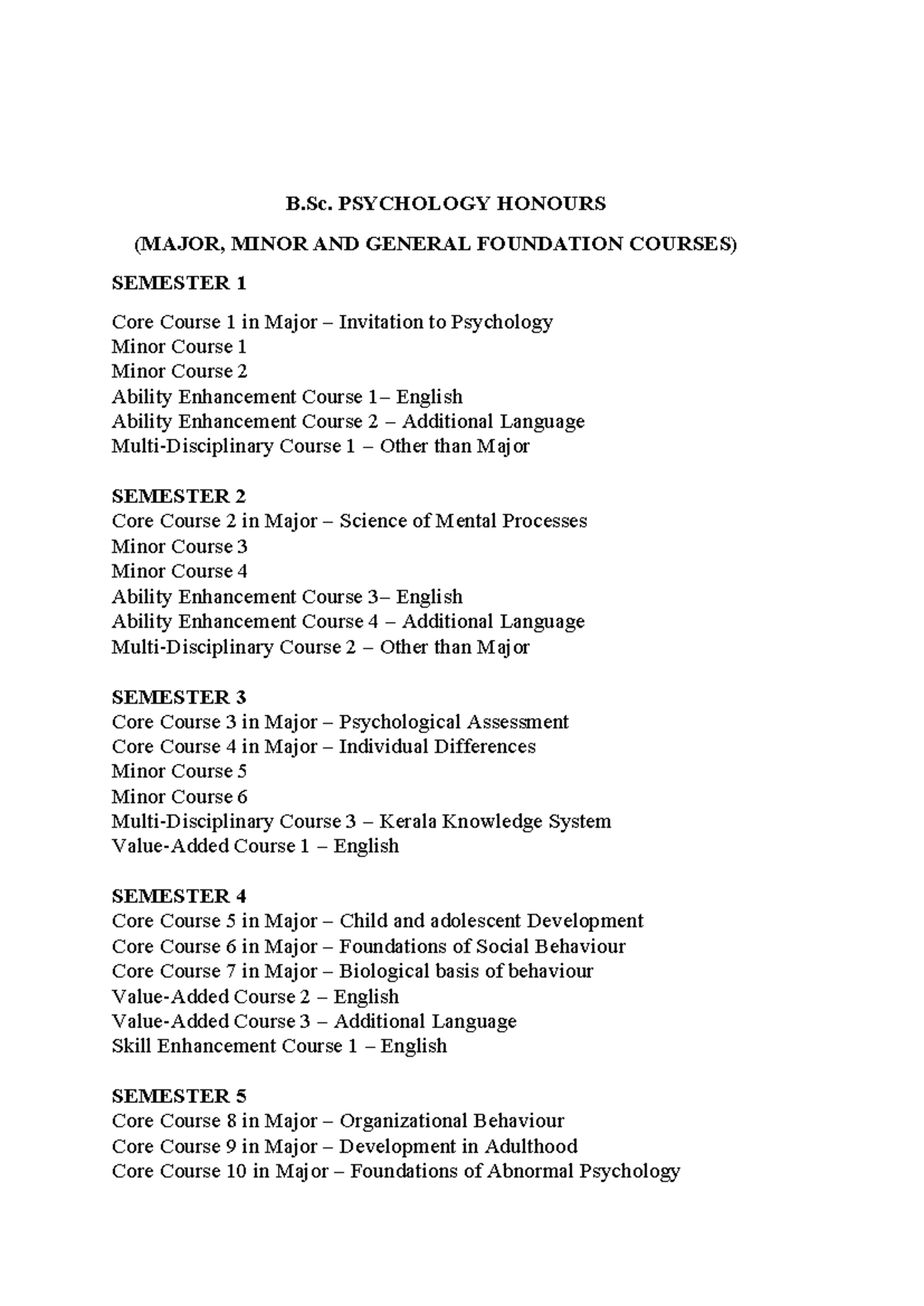 B.Sc. Psychology Honours Syllabus Overview (Semesters 1-5) - Studocu