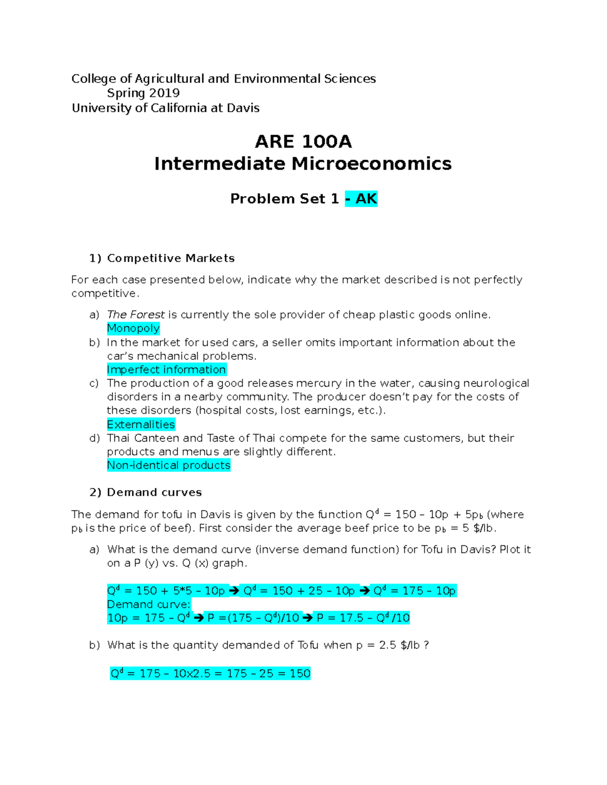 ARE100A Intermediate Microeconomics Problem Set 1 - Spring 2019 - Studocu