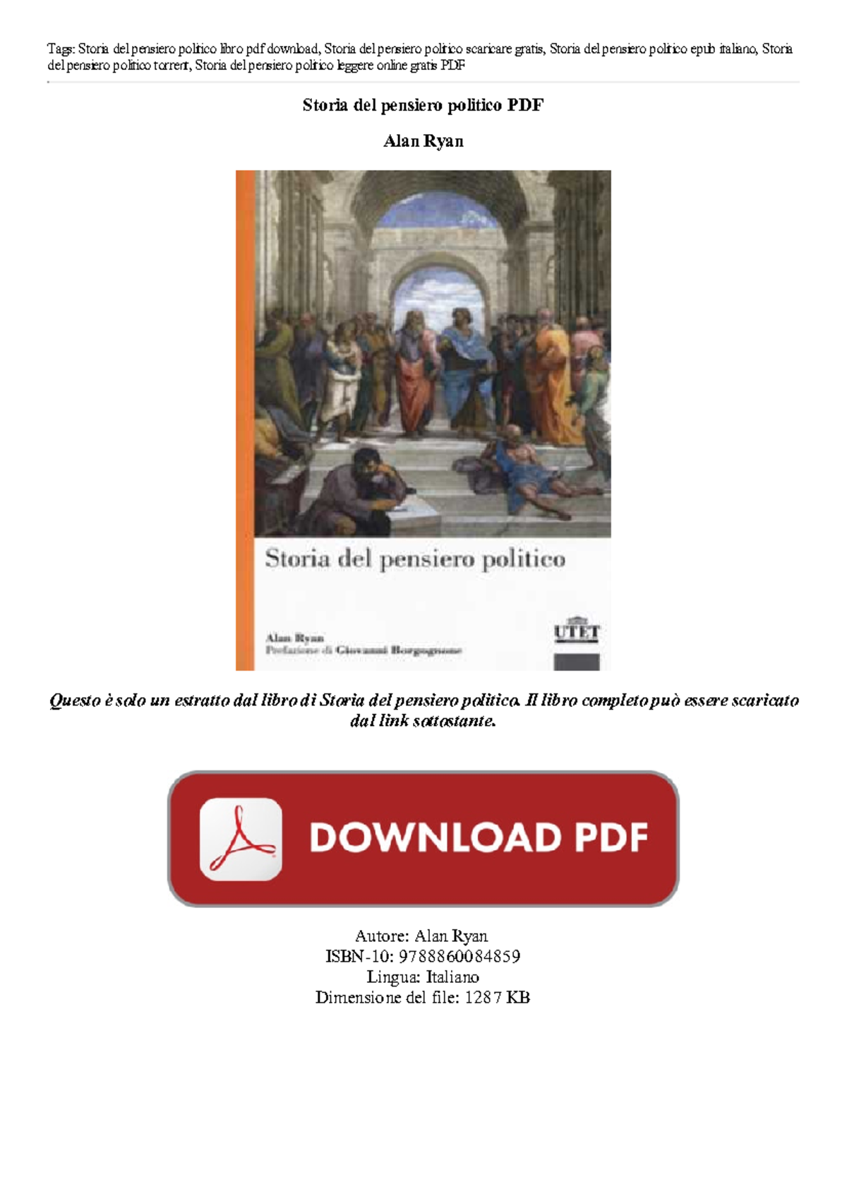 Storia del Pensiero Politico di Alan Ryan - Estratto e Analisi - Studocu
