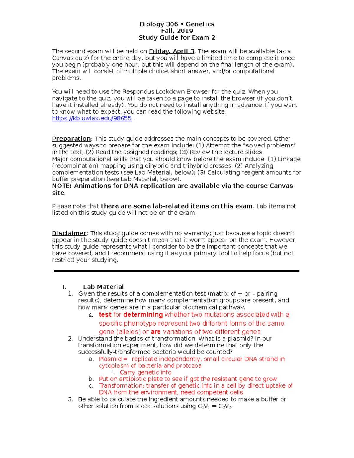 Study Guide for Biology 306 Exam 2 - Spring 2019 - Studocu