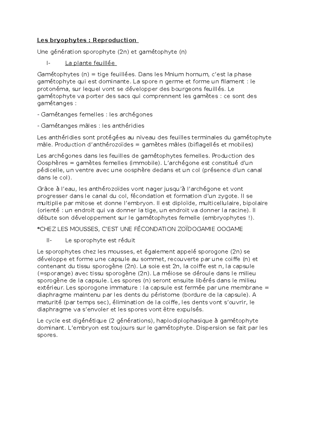 Reproduction des Bryophytes : Cycle de Vie et Gamétophyte Dominant ...