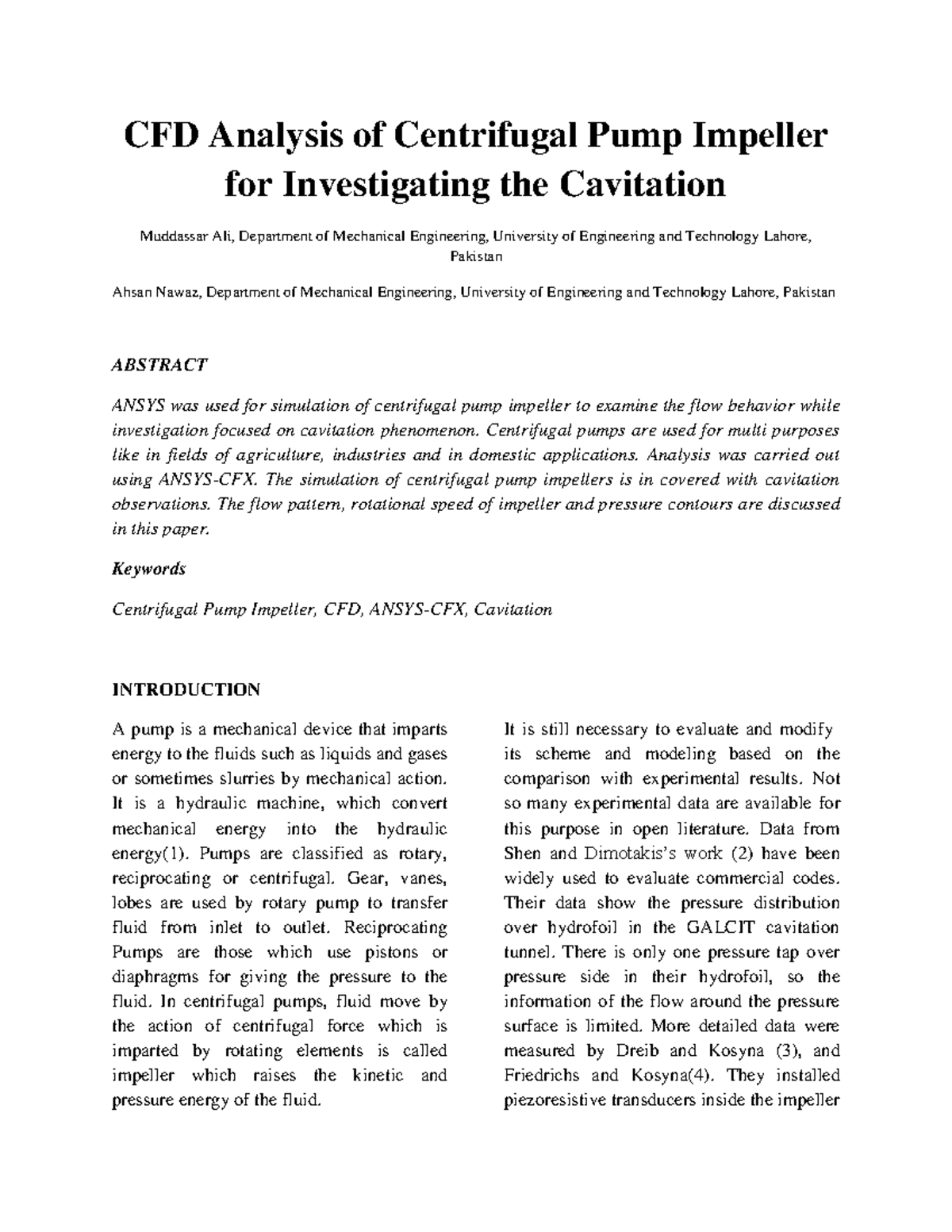 CFD Analysis of Centrifugal Pump Impeller for Cavitation Study RP - Studocu