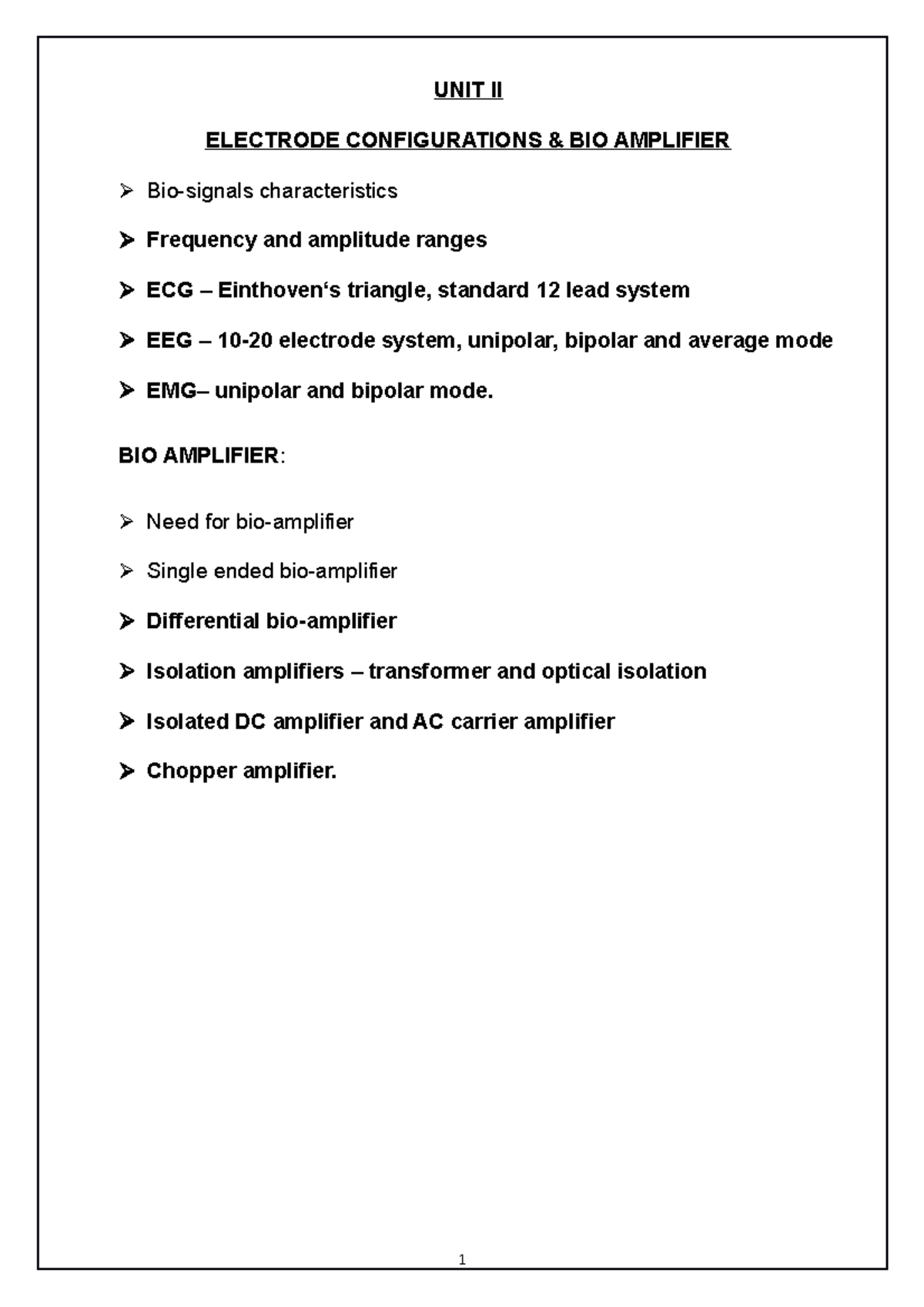 BMI UNIT II: Bio Amplifiers & Electrode Configurations Notes - Studocu
