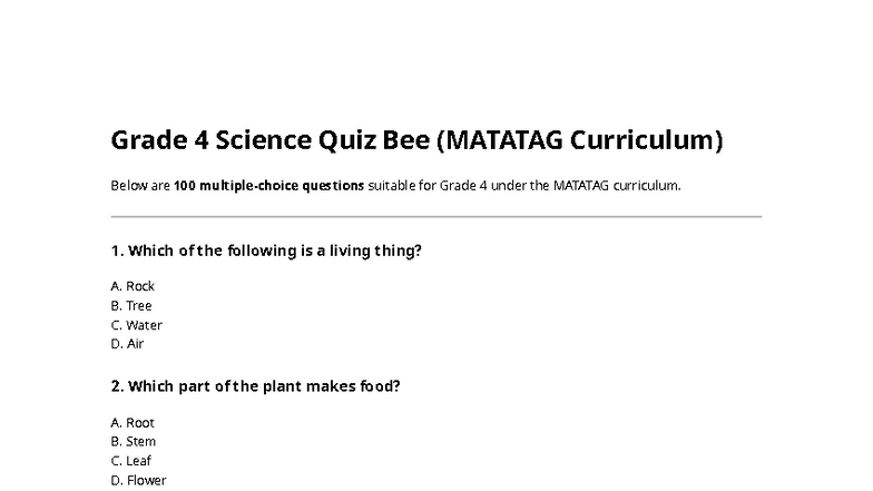 Grade 4 Science Quiz 100 Items - Grade 4 Science Quiz Bee (MATATAG ...