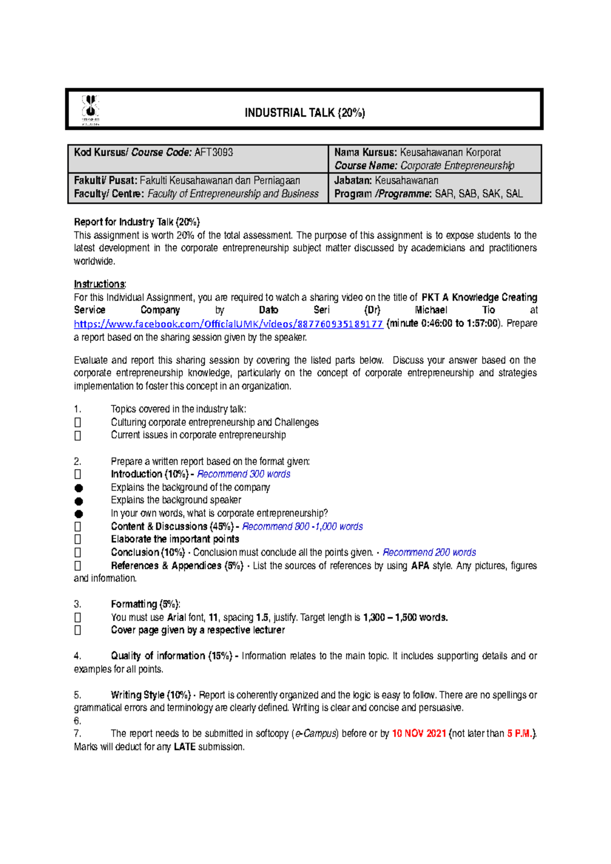 Guideline AFT3093 - Industry Talk (20%) - INDUSTRIAL TALK (20%) Kod ...