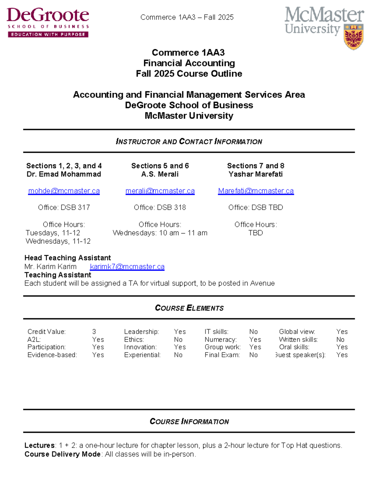 Commerce 1AA3 Fall 2025 - Financial Accounting Course Outline - Studocu