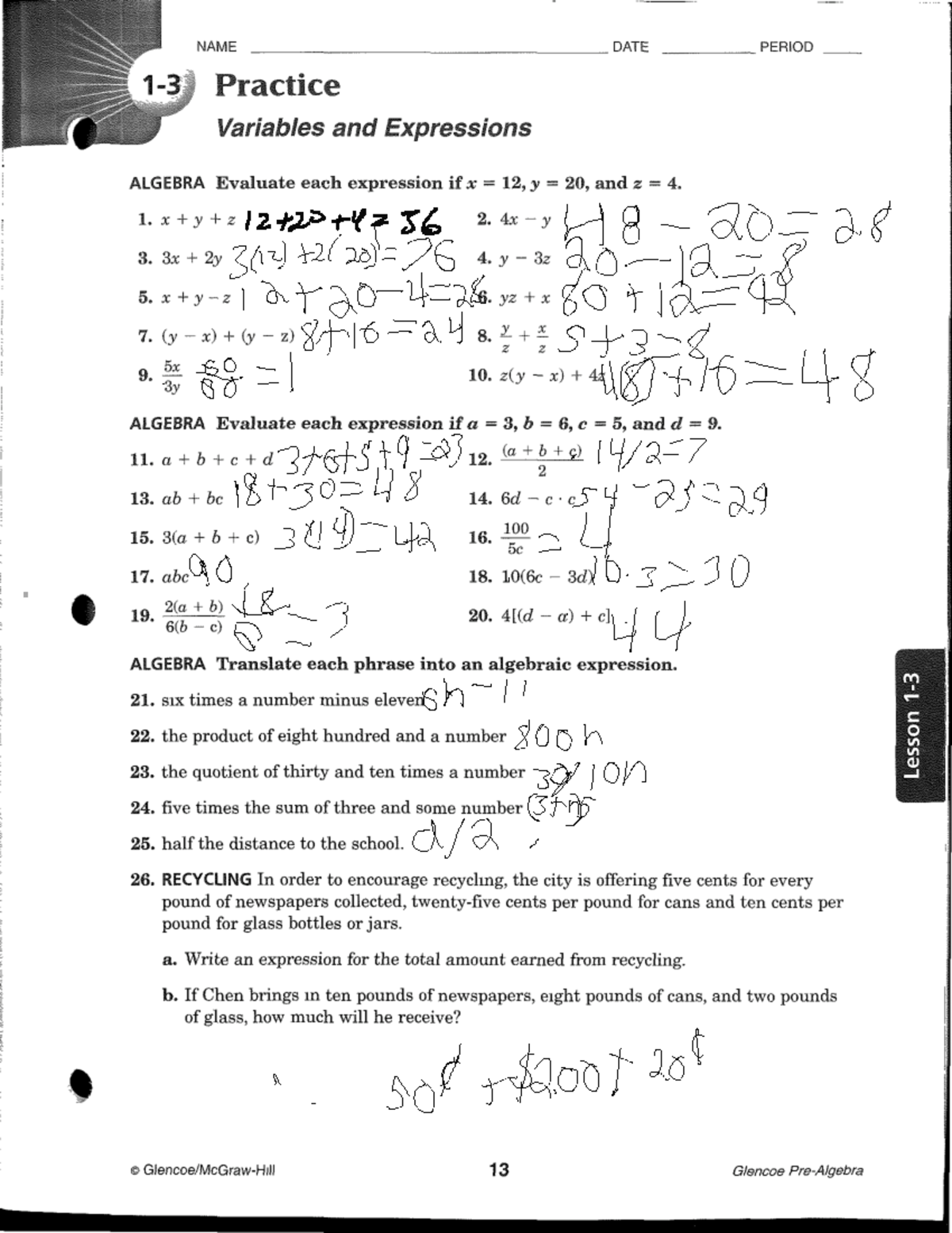 PA1 Homework assignment - NAME DATE PERIOD Practice Variables and ...