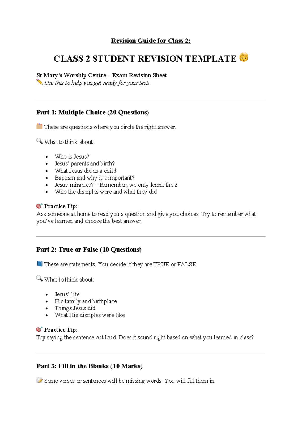 Mid Year Exam 2025 Revision Guide: Walking with Jesus for Class 2 - Studocu