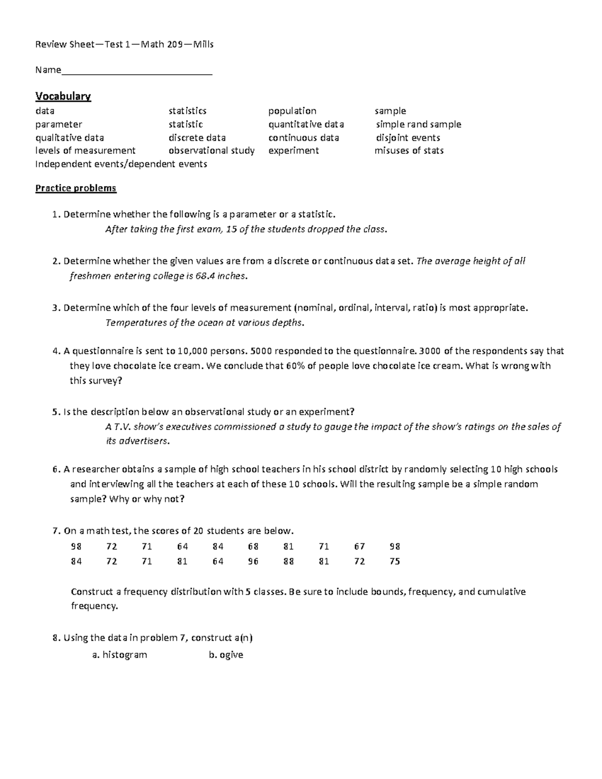 Review Sheet for Test 1 - Math 209 - Statistics Concepts and Problems ...