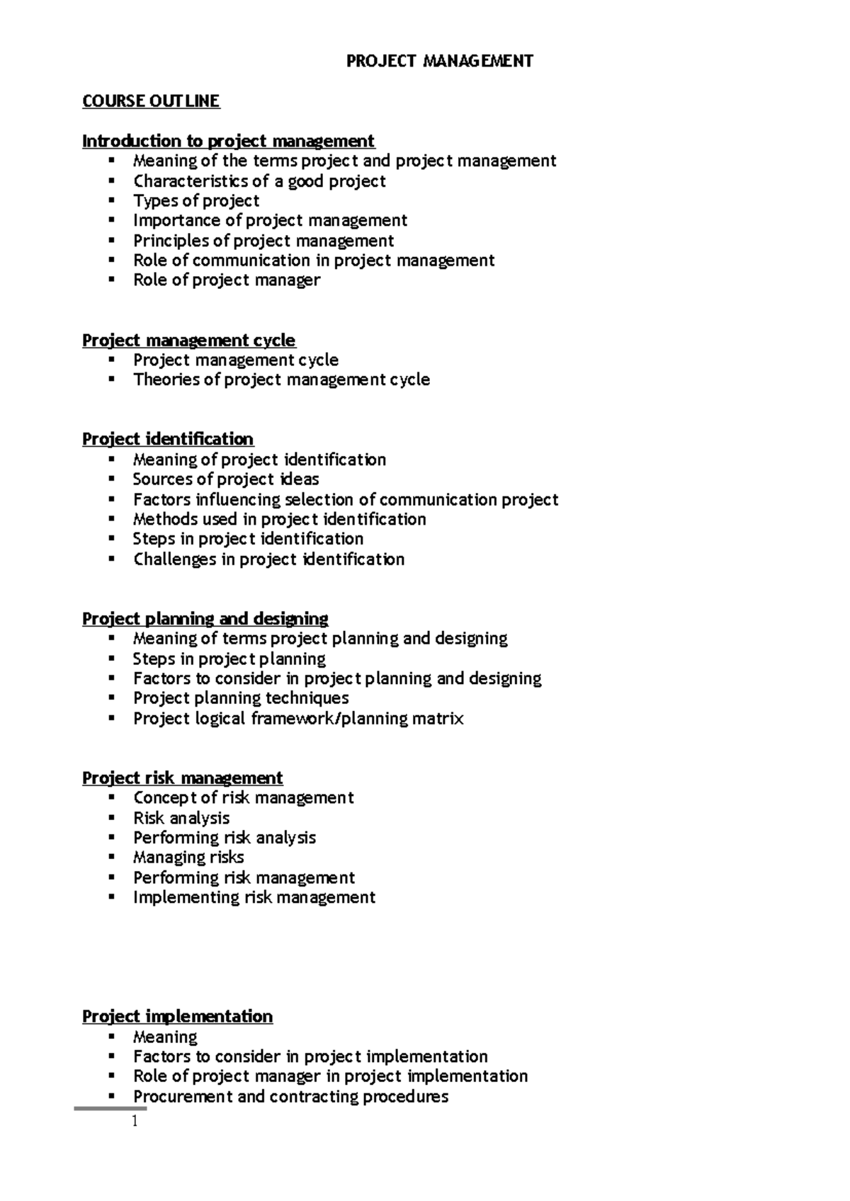 Project Management DCD2 Final - PROJECT MANAGEMENT COURSE OUTLINE ...
