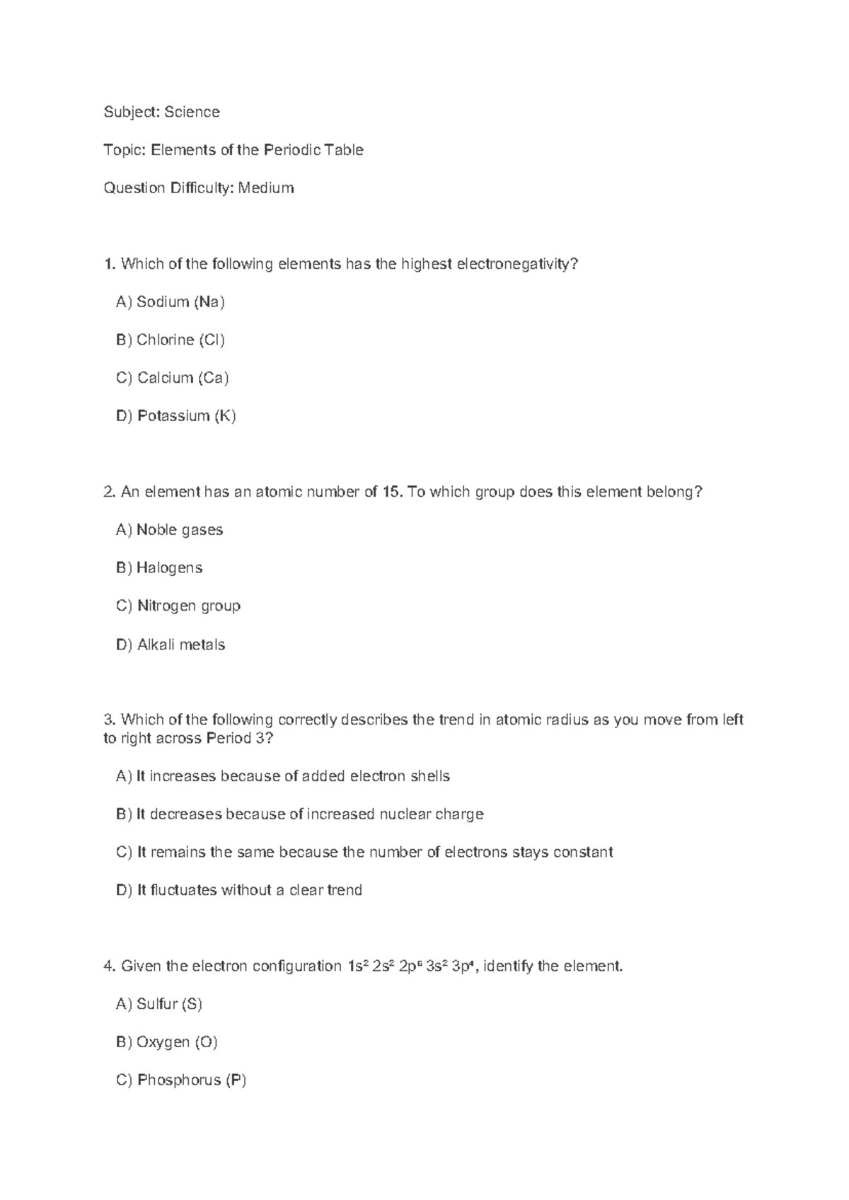 Elements of the Periodic Table Quiz - Science 101 - Studocu