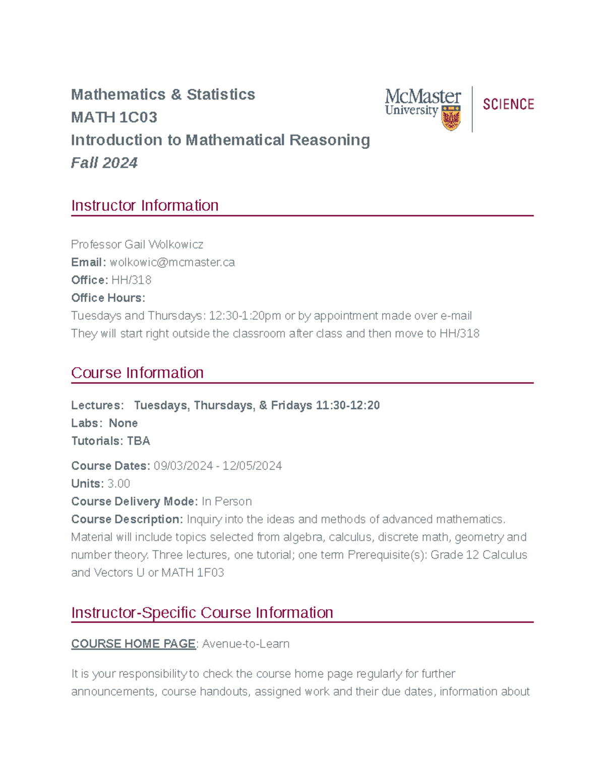 MATH 1C Course Outline: Introduction to Mathematical Reasoning Fall ...