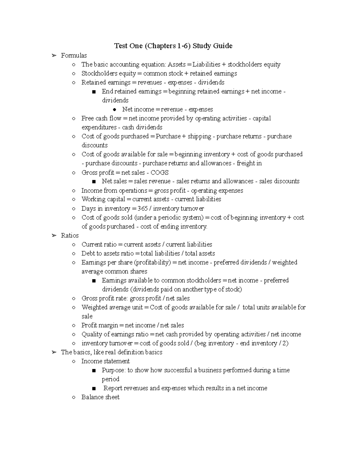 ACCT 101 Exam 1 Study Guide: Key Formulas & Concepts for Chapters 1-6 ...