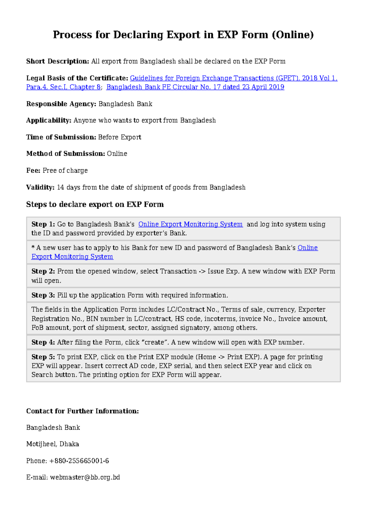 Export Declaration Process on EXP Form (Online) - Bangladesh - Studocu