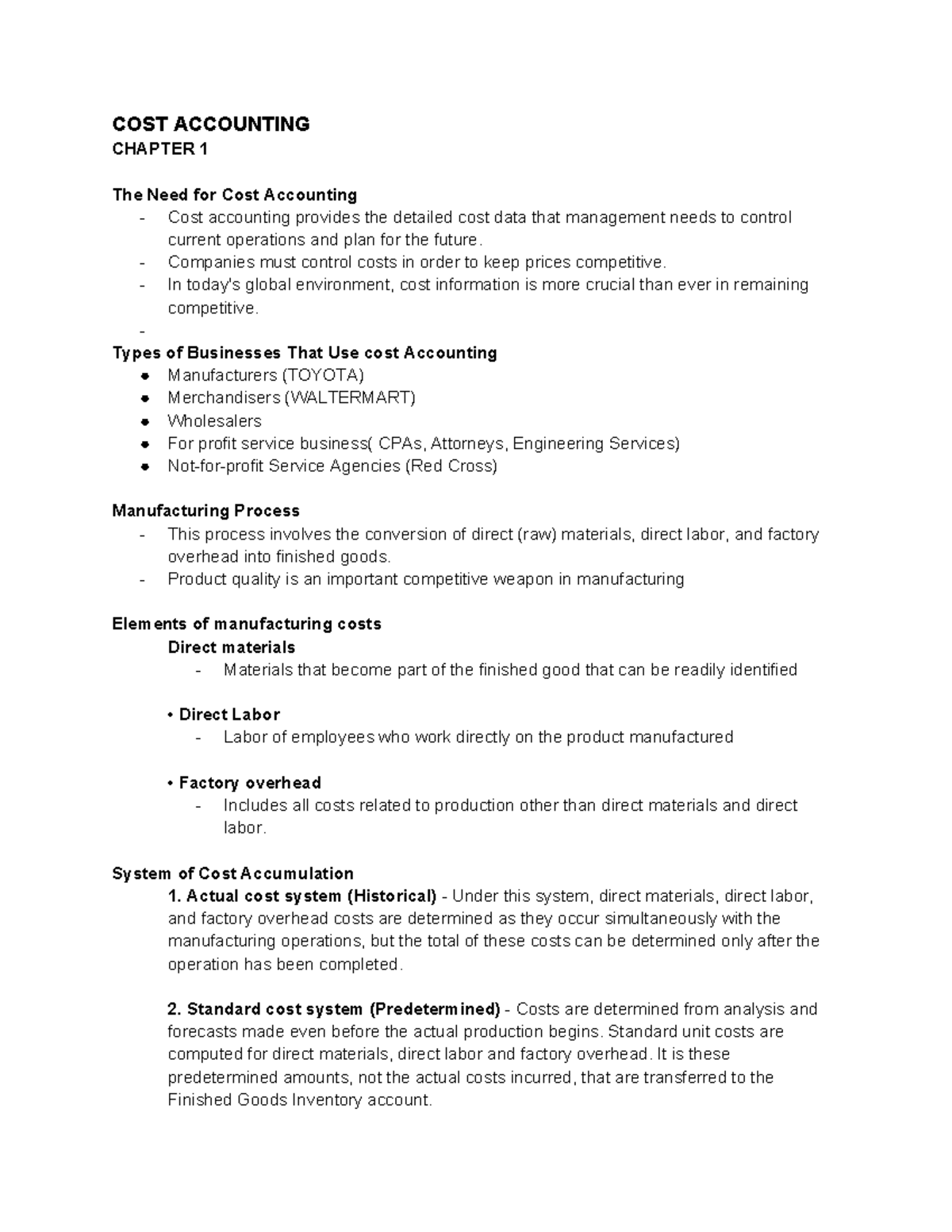 Cost Accounting (COST 101): Chapter Breakdown and Key Concepts - Studocu