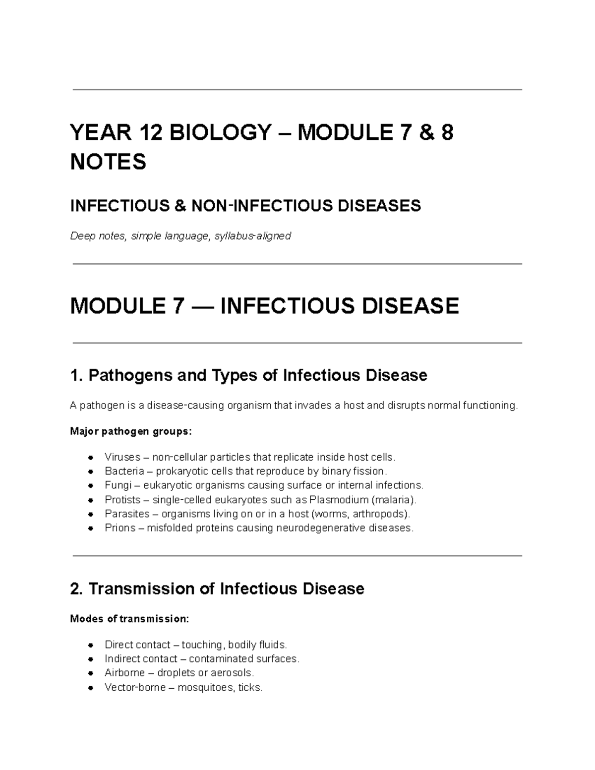 YEAR 12 BIOLOGY MODULE 7 & 8 NOTES ON INFECTIOUS DISEASES - Studocu