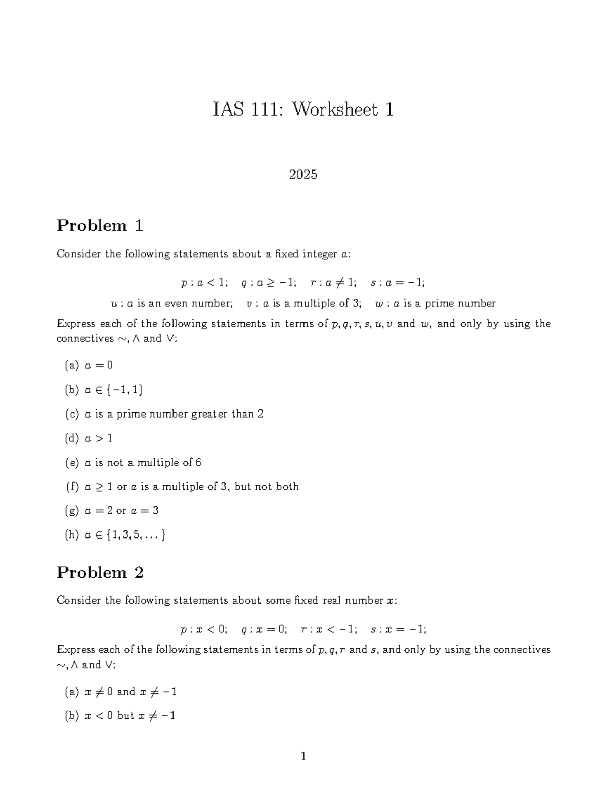 IAS Worksheet 1 2025: Logic Statements and Connectives - Studocu