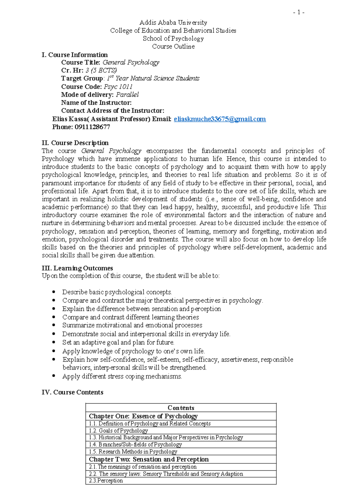 General Psychology Course Outline Psyc 1011: Semester I 2015 - Studocu