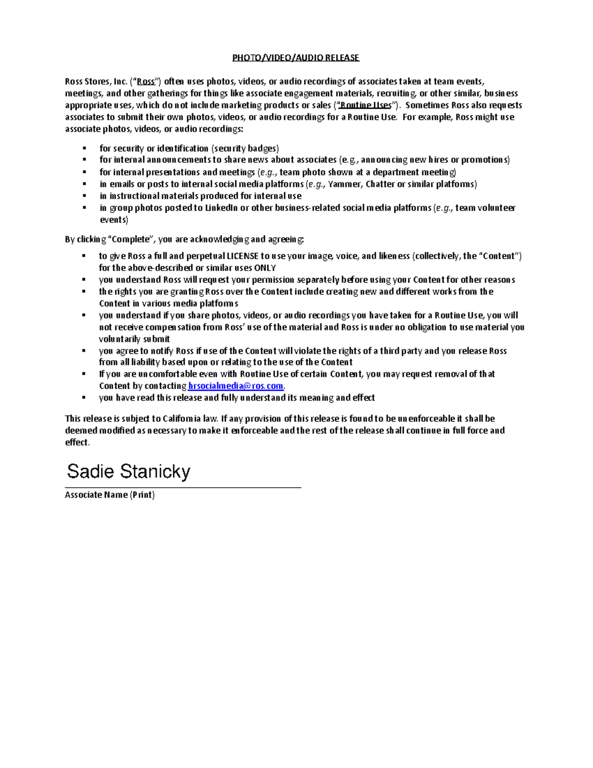 RELEASE: Ross Stores, Inc. Photo, Video, and Audio Use Policy - Studocu