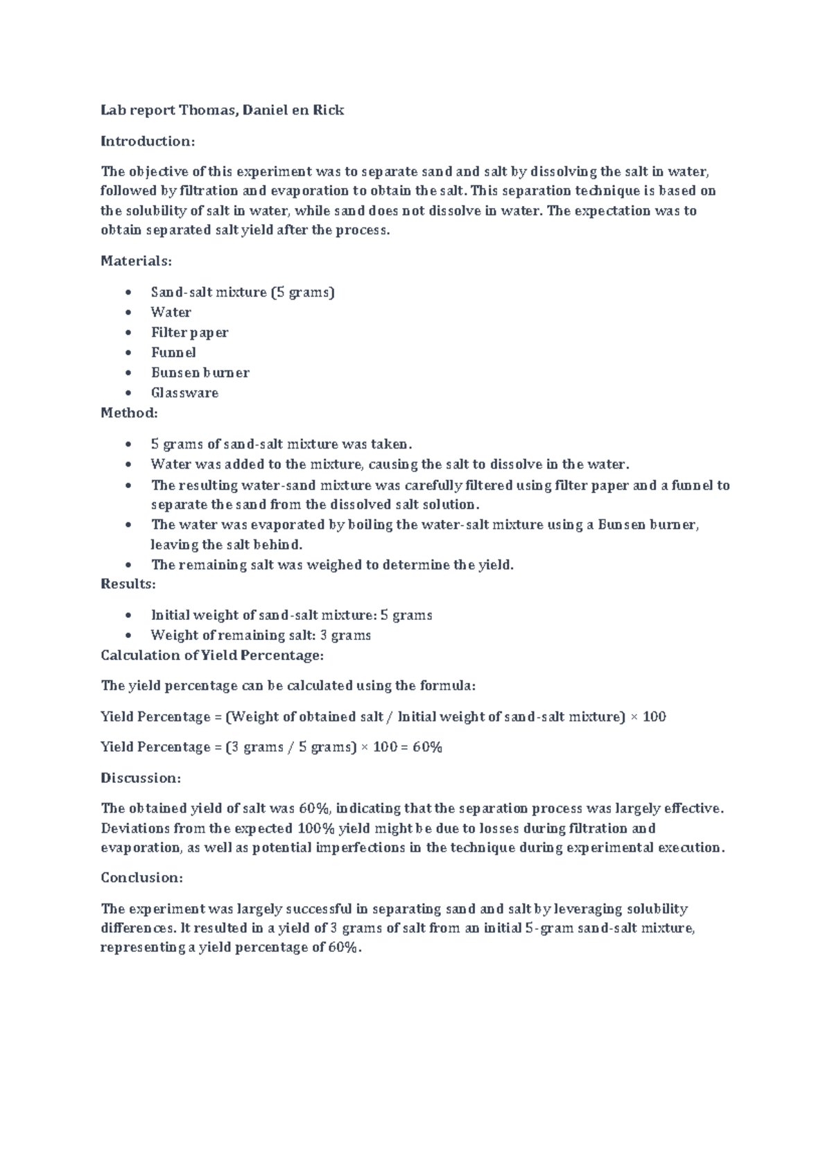 Lab Report: Separation of Sand and Salt via Filtration and Evaporation ...