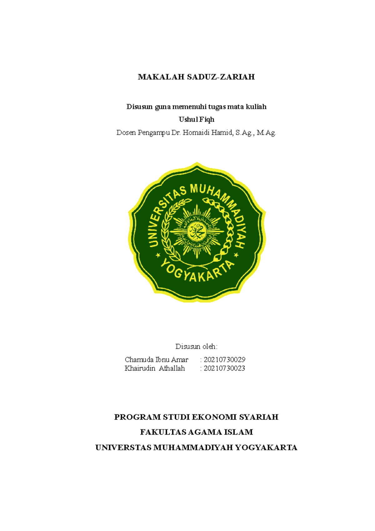 Makalah Ushul Fiqh: Konsep Saduz-Zariah dan Penerapannya - Document Preview