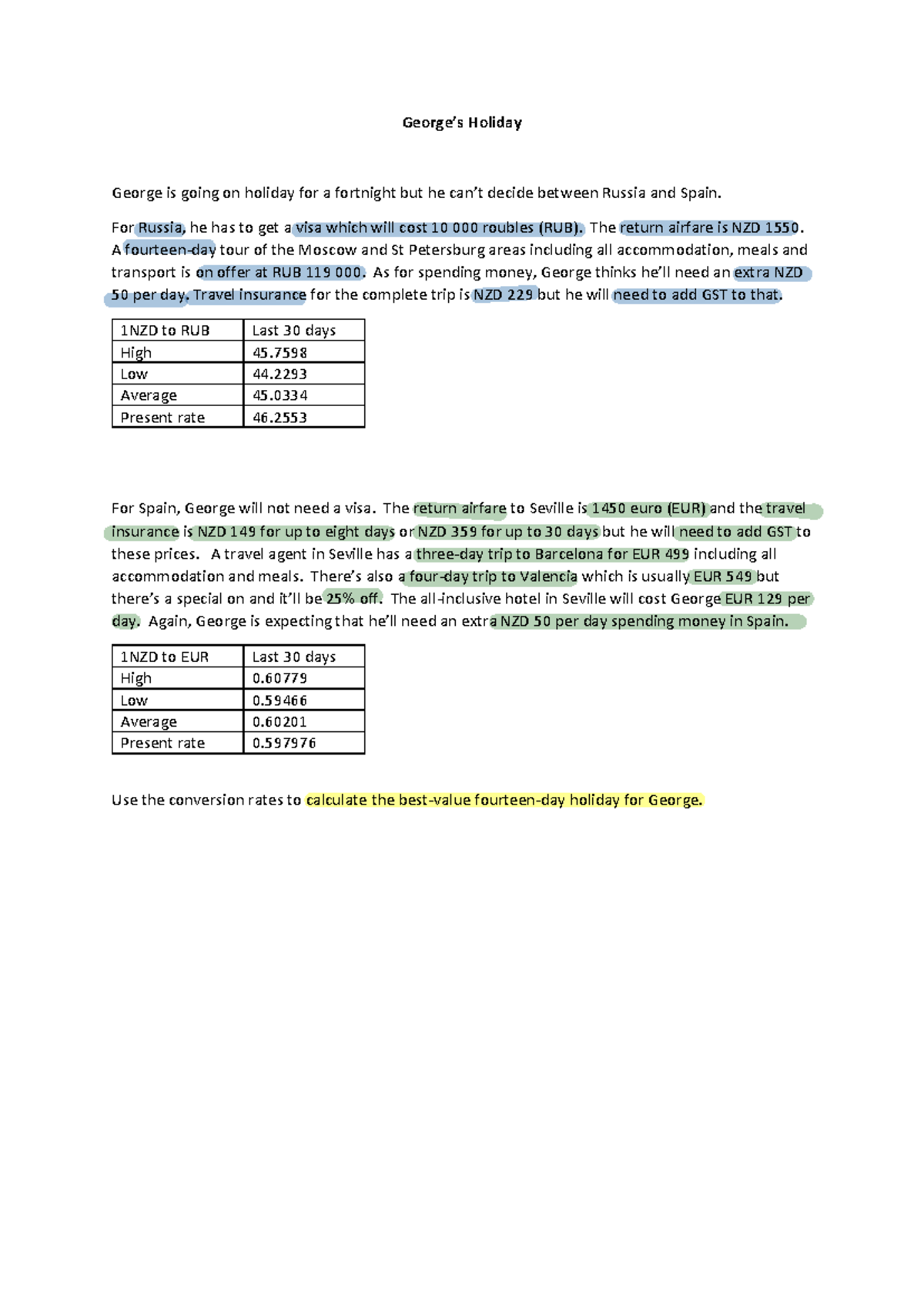George's Holiday Cost Analysis: Russia vs. Spain Trip Options - Studocu