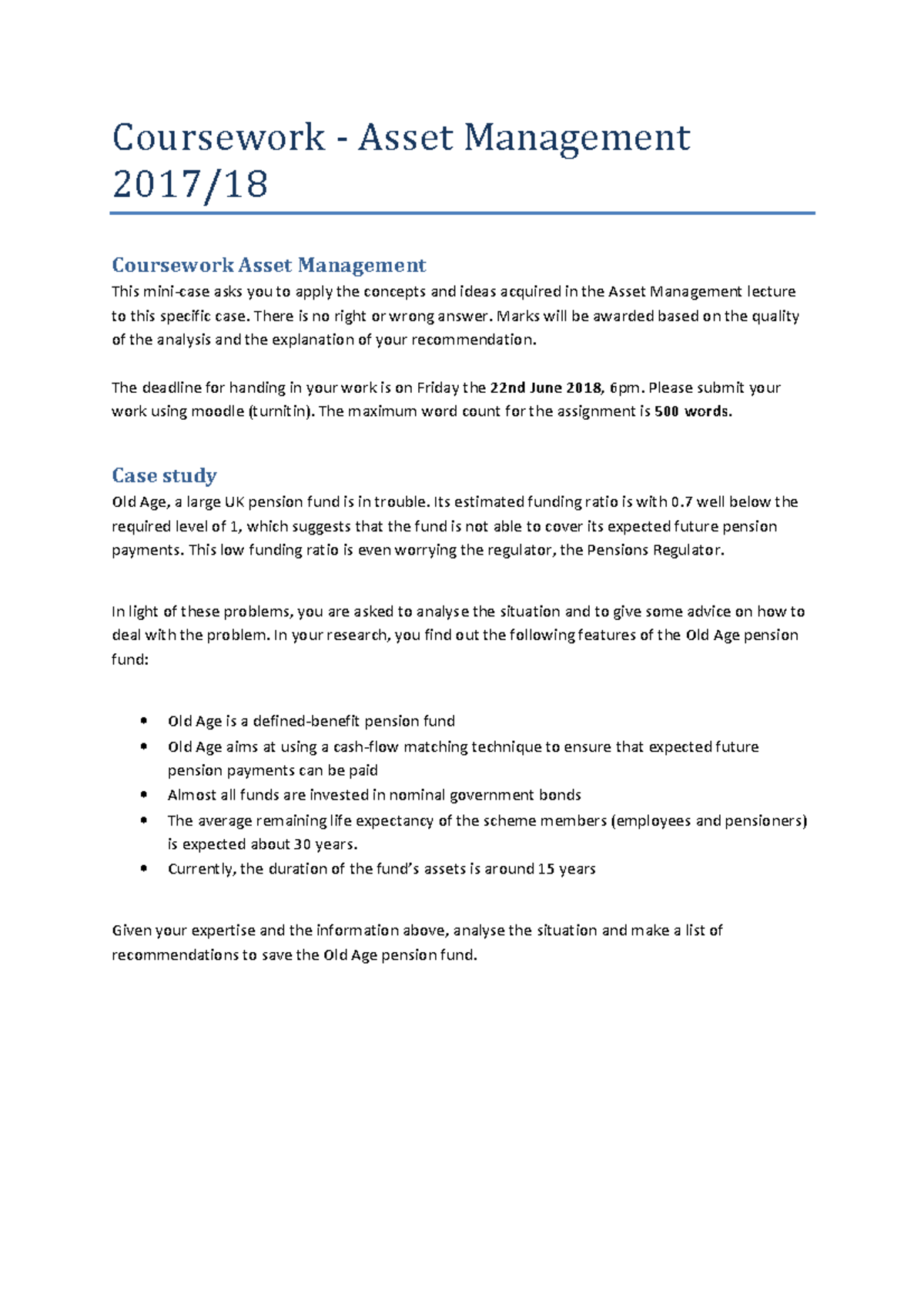 Case study 2018 - Coursework - Asset Management 2017/18 Coursework ...