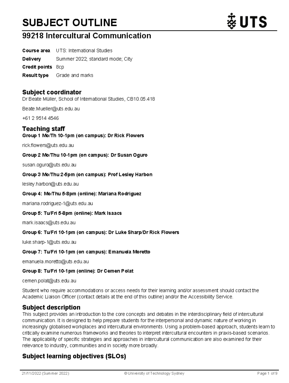 Subject Outline for Intercultural Communication (IC) 99218 - Studocu