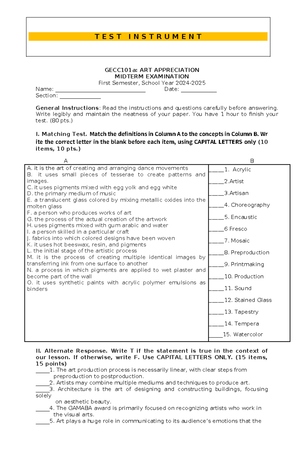 Midterm Exam TI GECC101a: Art Appreciation Test Instrument - Studocu