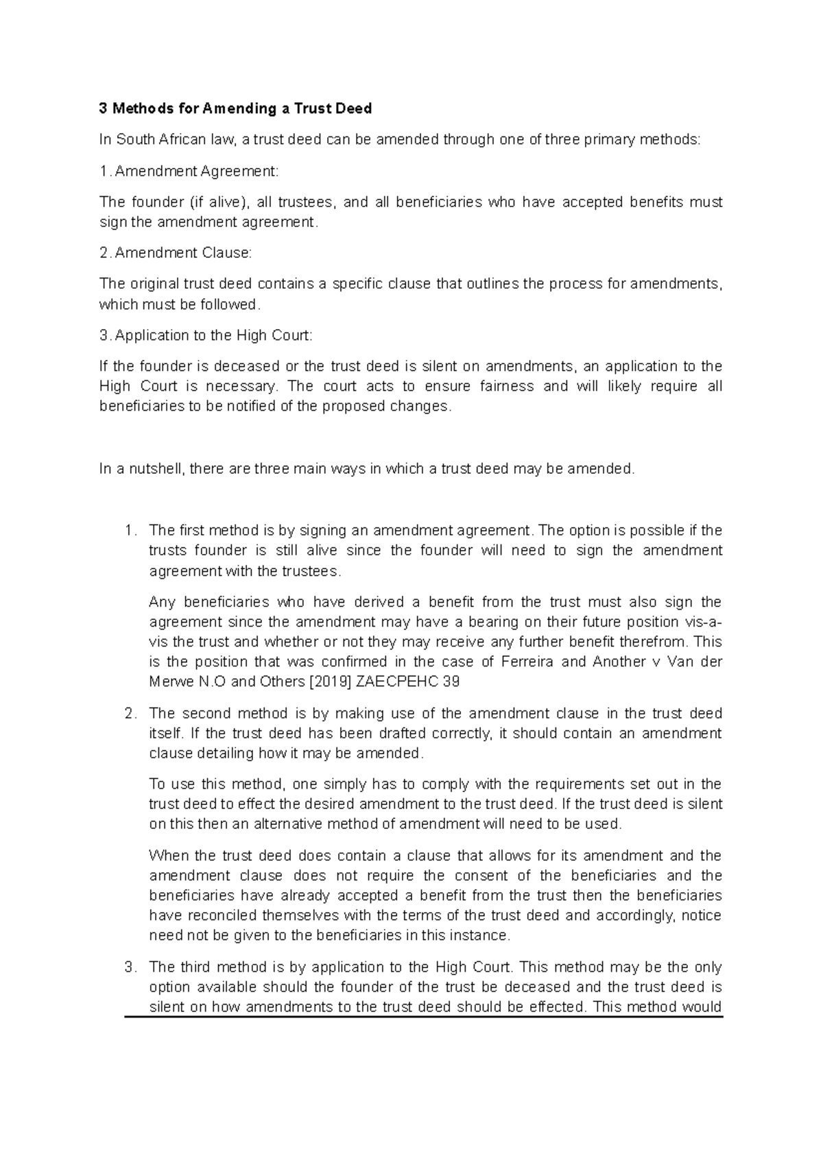 Methods for Amending a Trust Deed in South African Law - Studocu