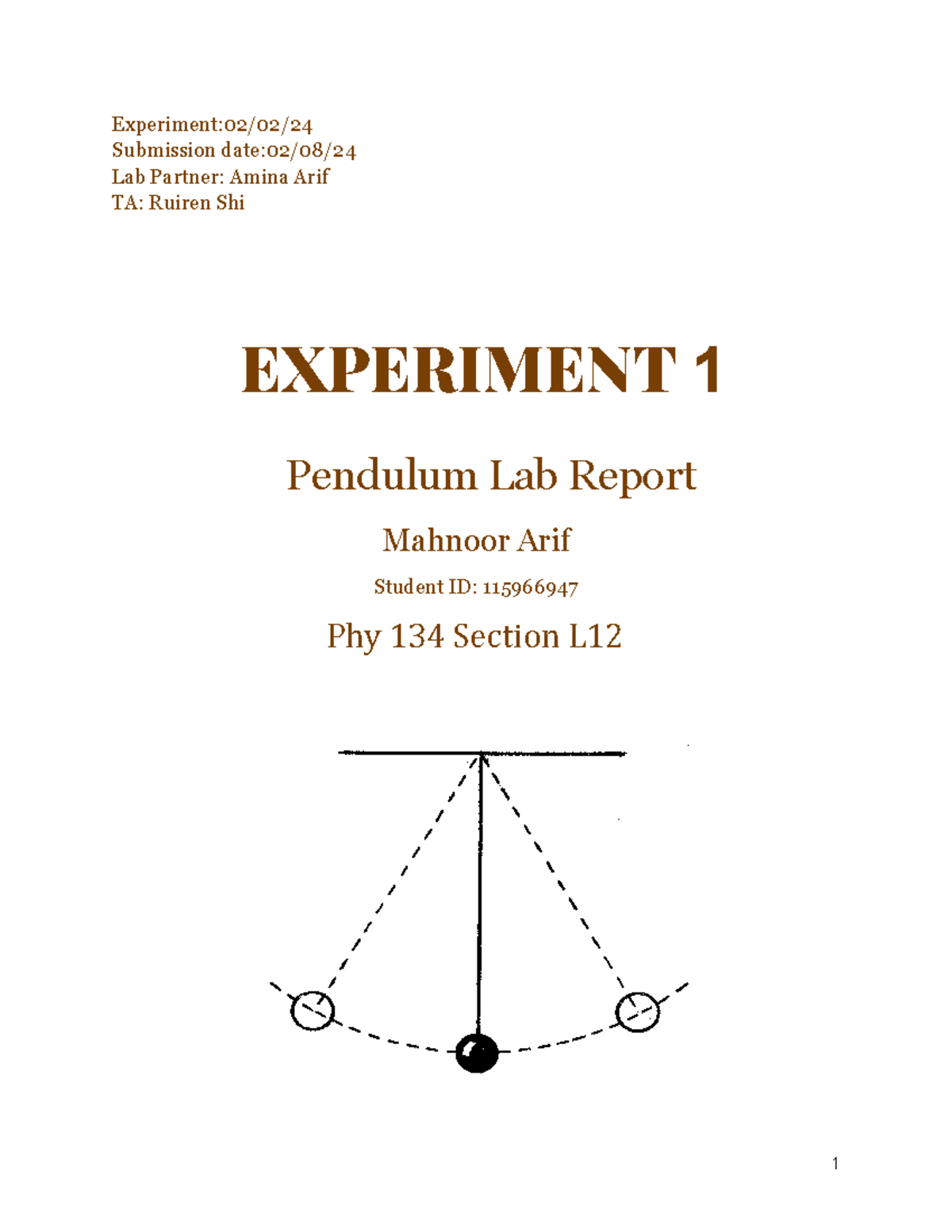 Phy 134 Lab Report: Experiment 1 - Pendulum Analysis - Studocu