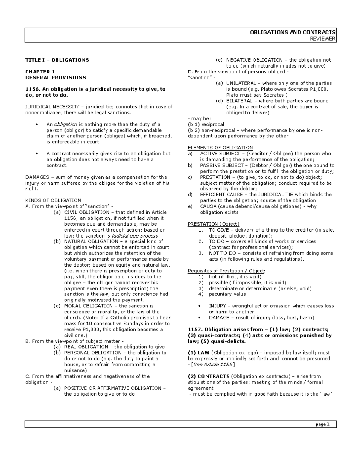 Notes on Obli Con - ObliCon Memory Aid - REVIEWER TITLE I – OBLIGATIONS ...
