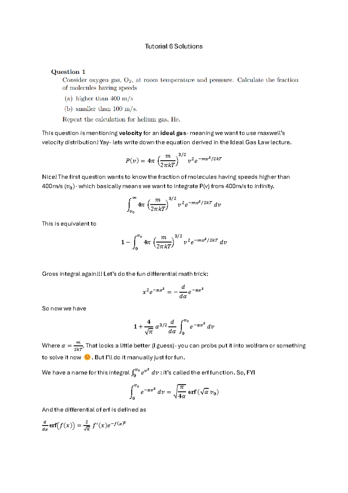 Tutorial 6 Solutions: Velocity Distribution in Ideal Gases - Studocu