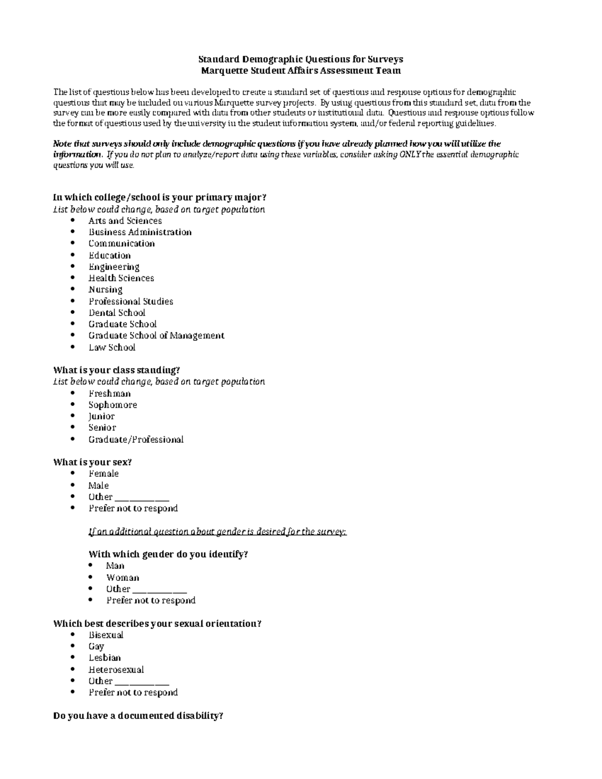 Standard Demographic Questions for Surveys - Marquette University - Studocu