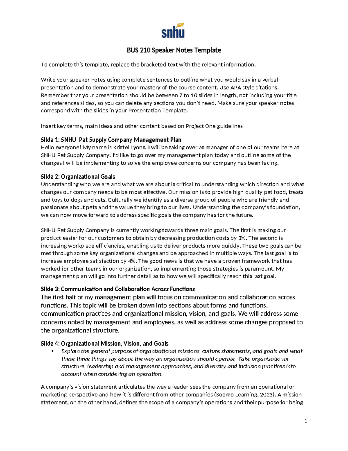 BUS 210 Speaker Notes: Management Plan Presentation by Lyons - Studocu