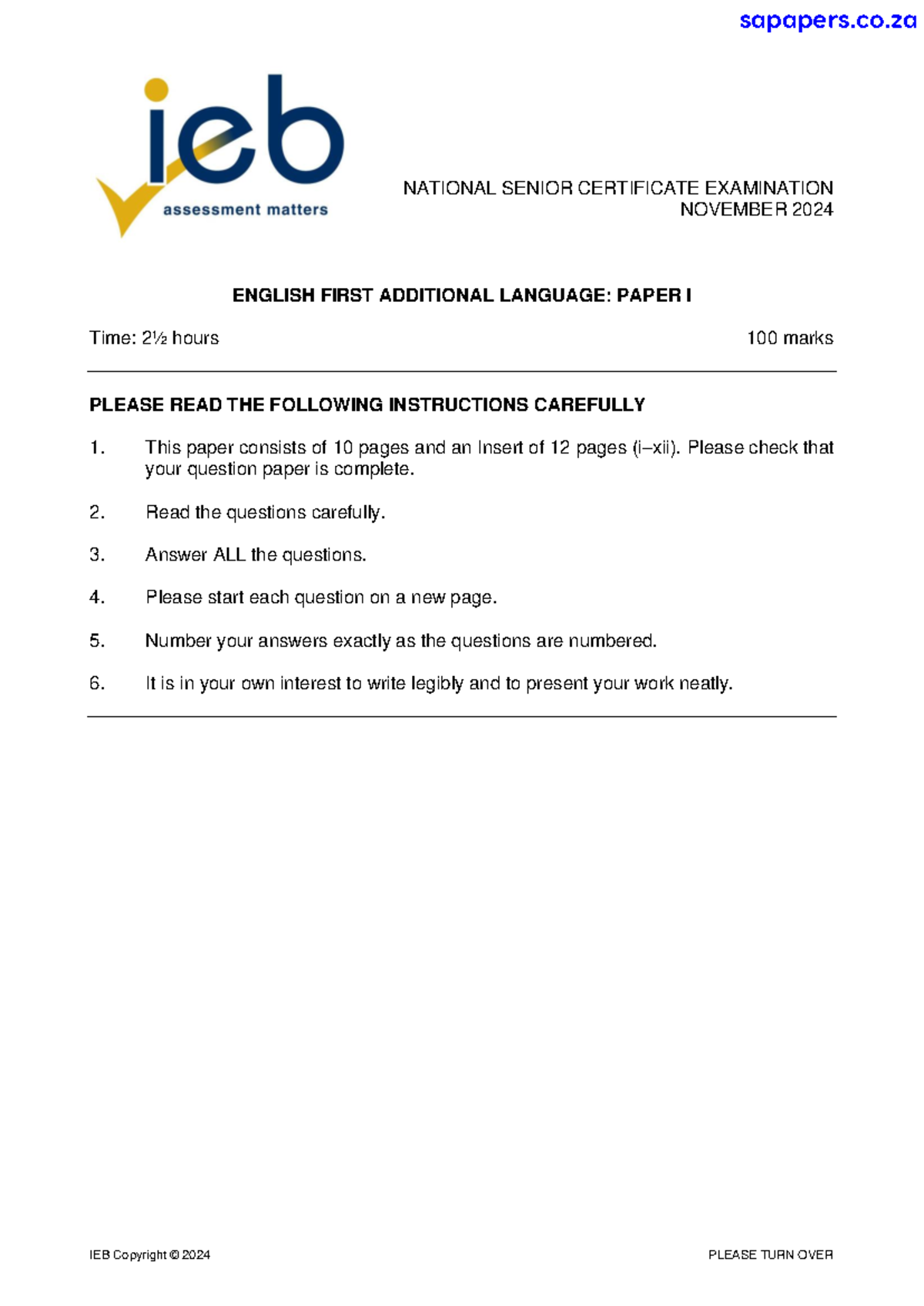 English FAL P1: National Senior Certificate Exam Nov 2024 - Studocu