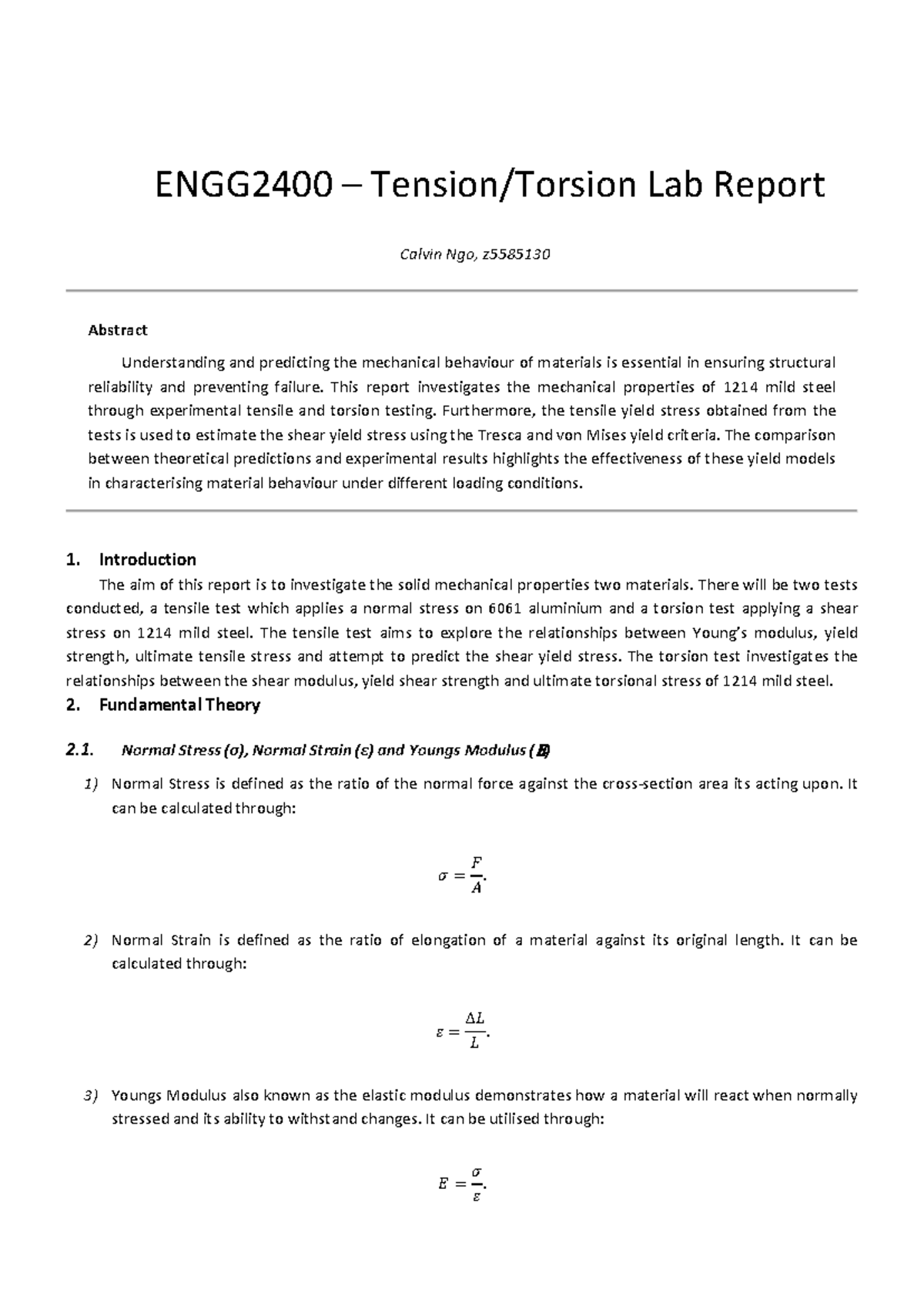 ENGG2400 Lab Report: Mechanical Properties of 1214 Mild Steel and 6061 ...