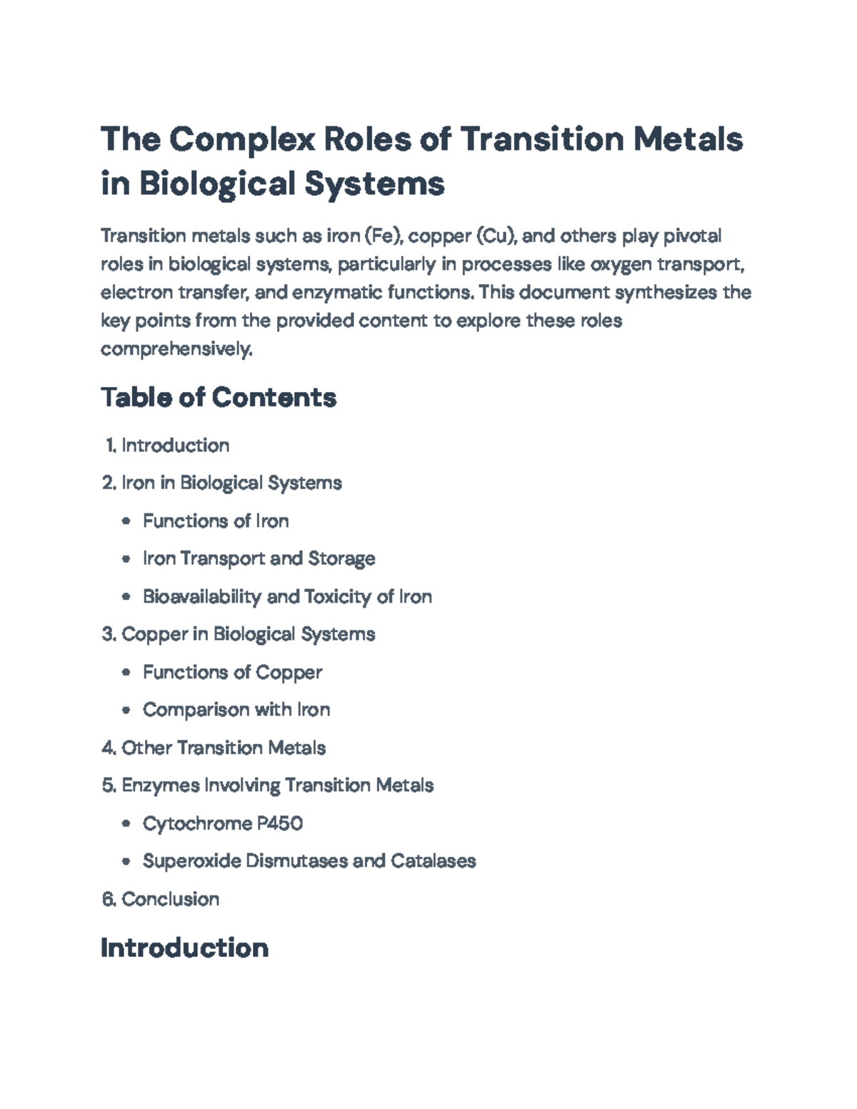 Transition Metals in Biological Systems (BIOL 101) - Key Roles ...