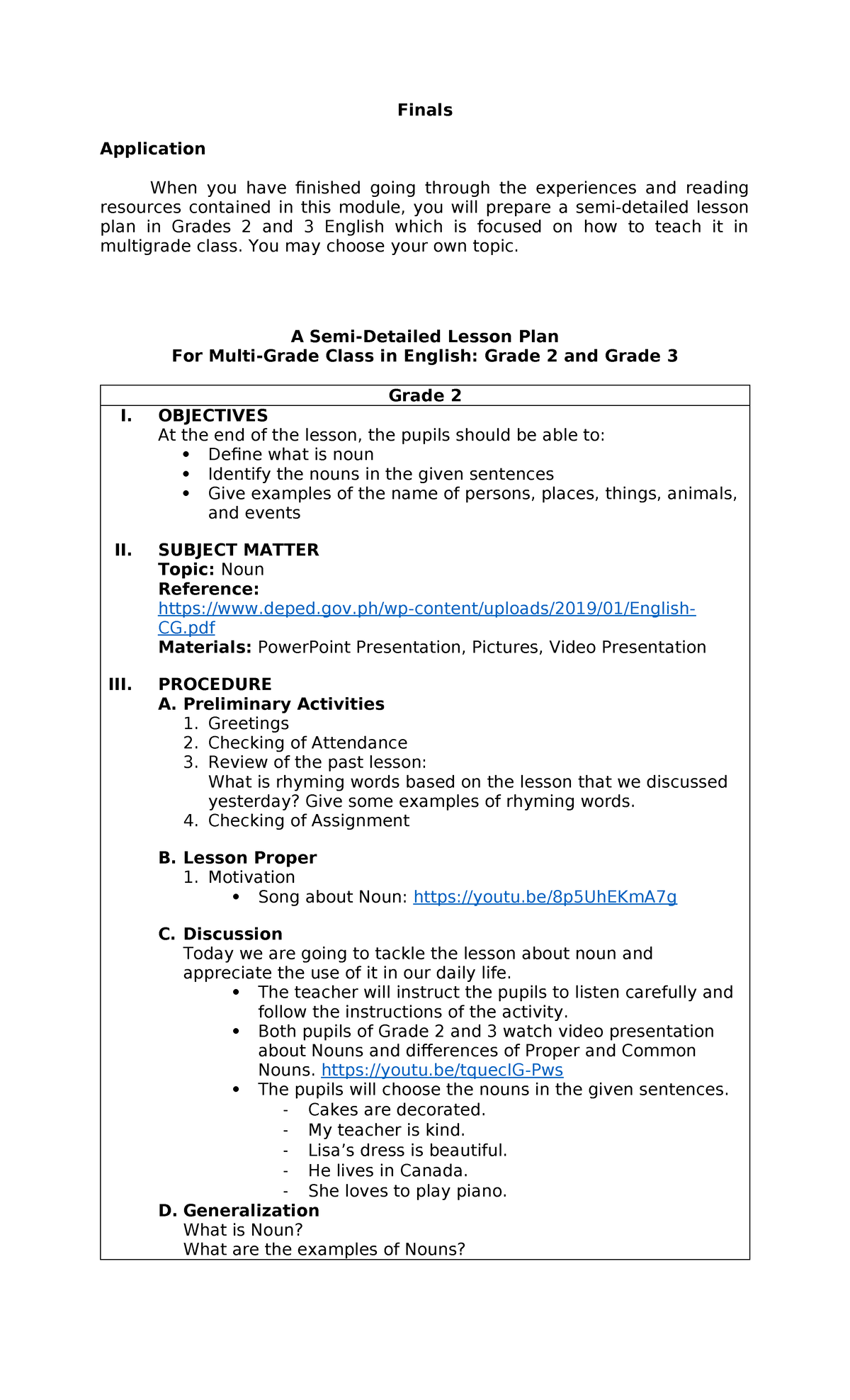 Multigrade Lesson Plan for Teaching Nouns in Grades 2 & 3 - Studocu