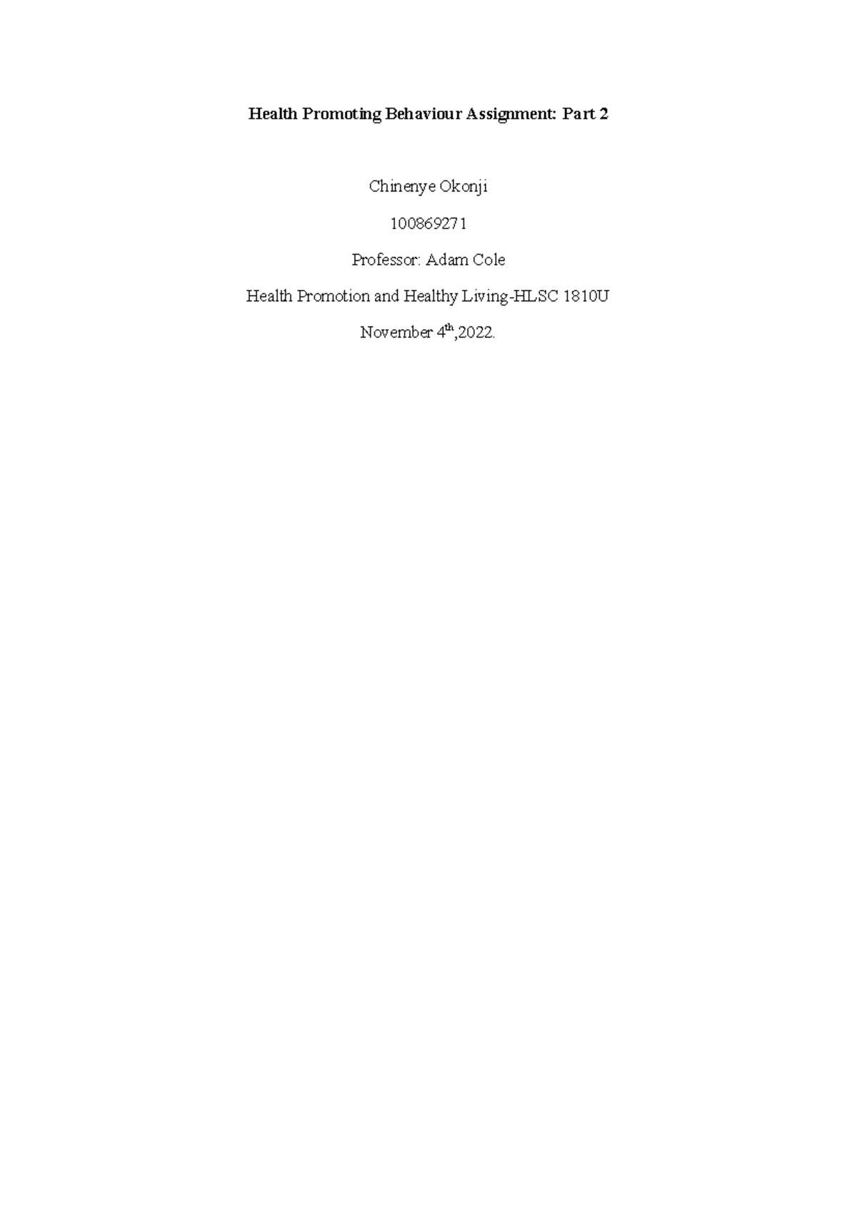 Health Promotion & Healthy Living Assignment - HLSC 1810U - Studocu