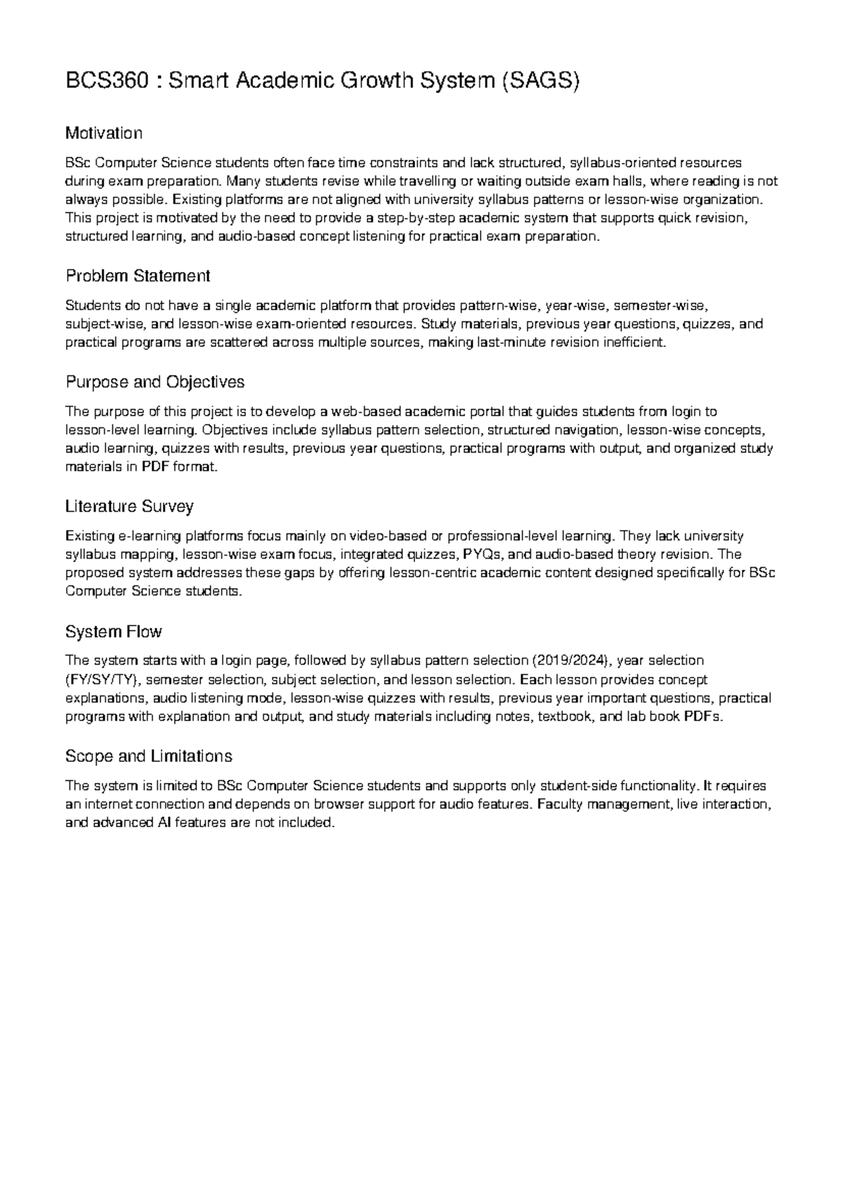 BCS360: Smart Academic Growth System (SAGS) Project Overview - Studocu