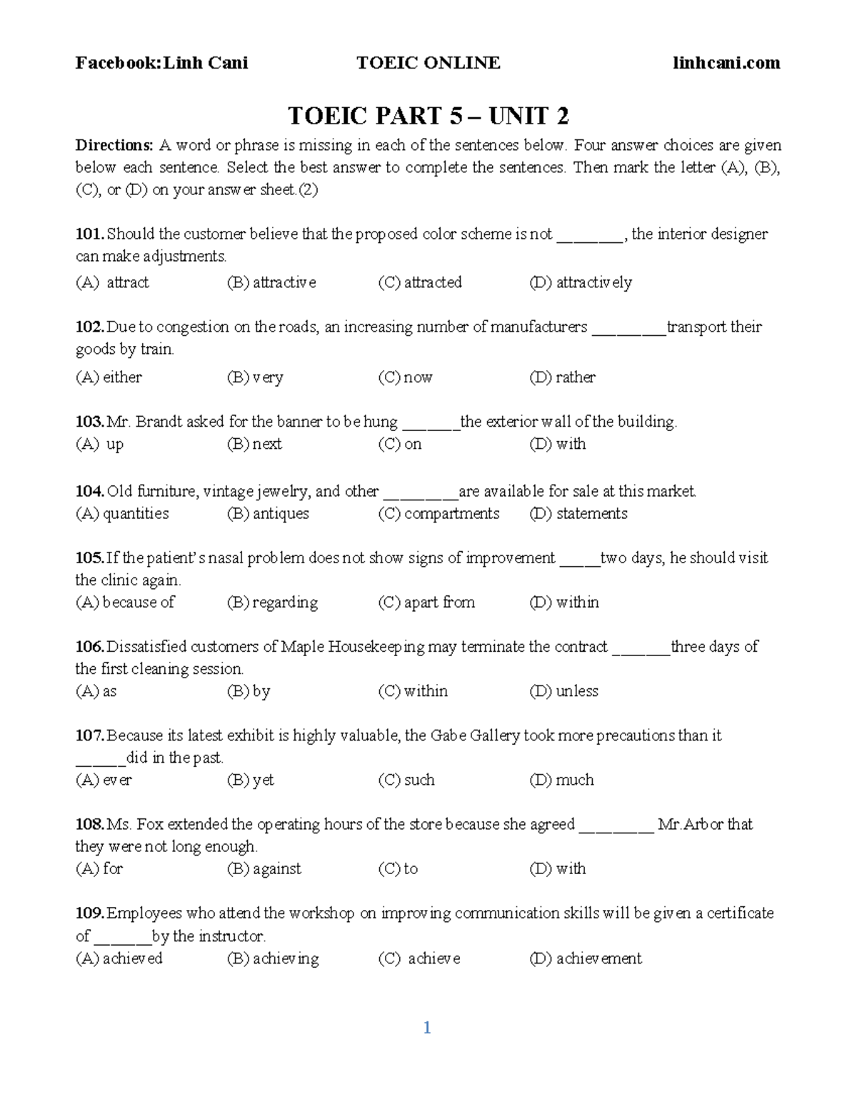 TOEIC online practice: Part 5 unit 2 exercises and answers - Studocu
