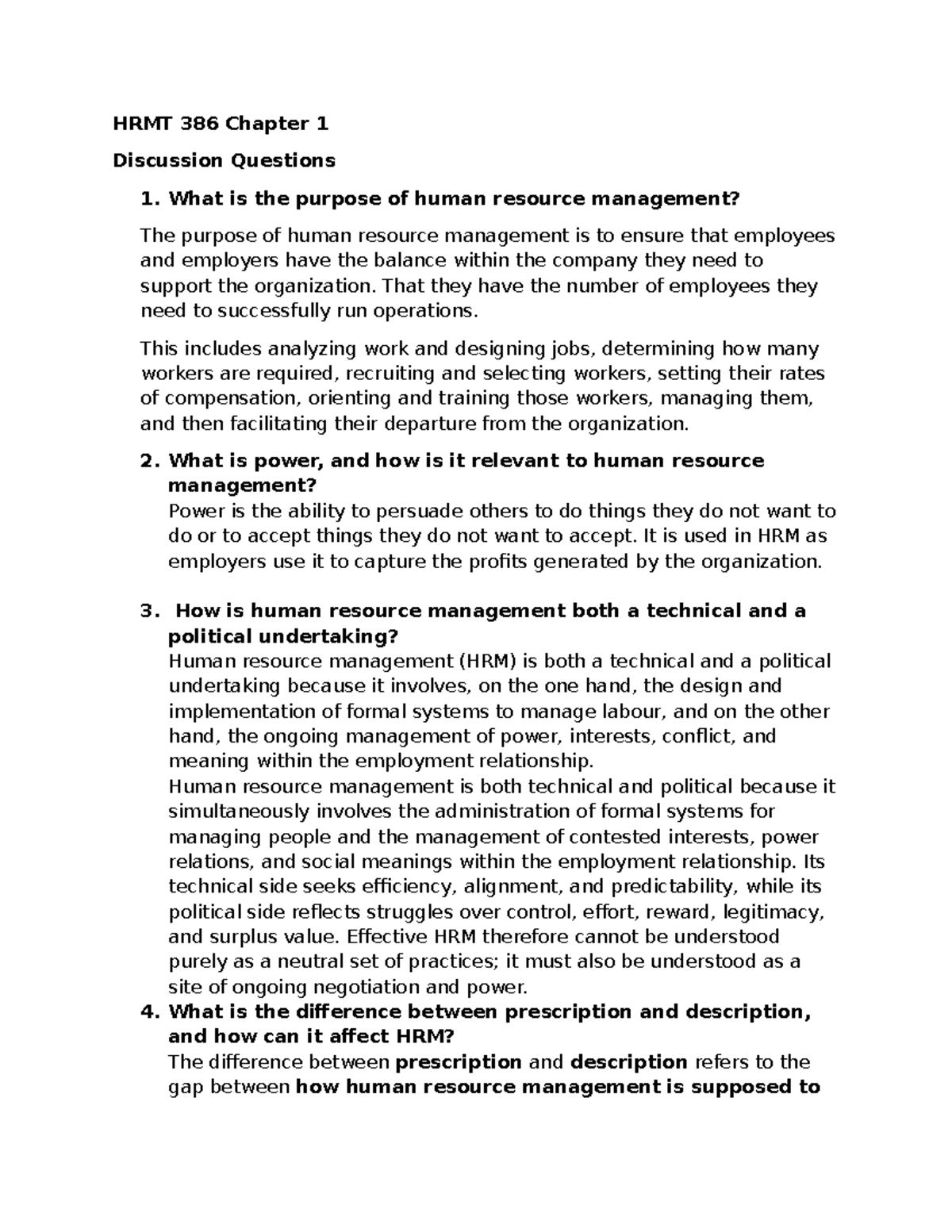 HRMT 386 Chapter 1 Discussion Questions and Self-Reflection - Studocu
