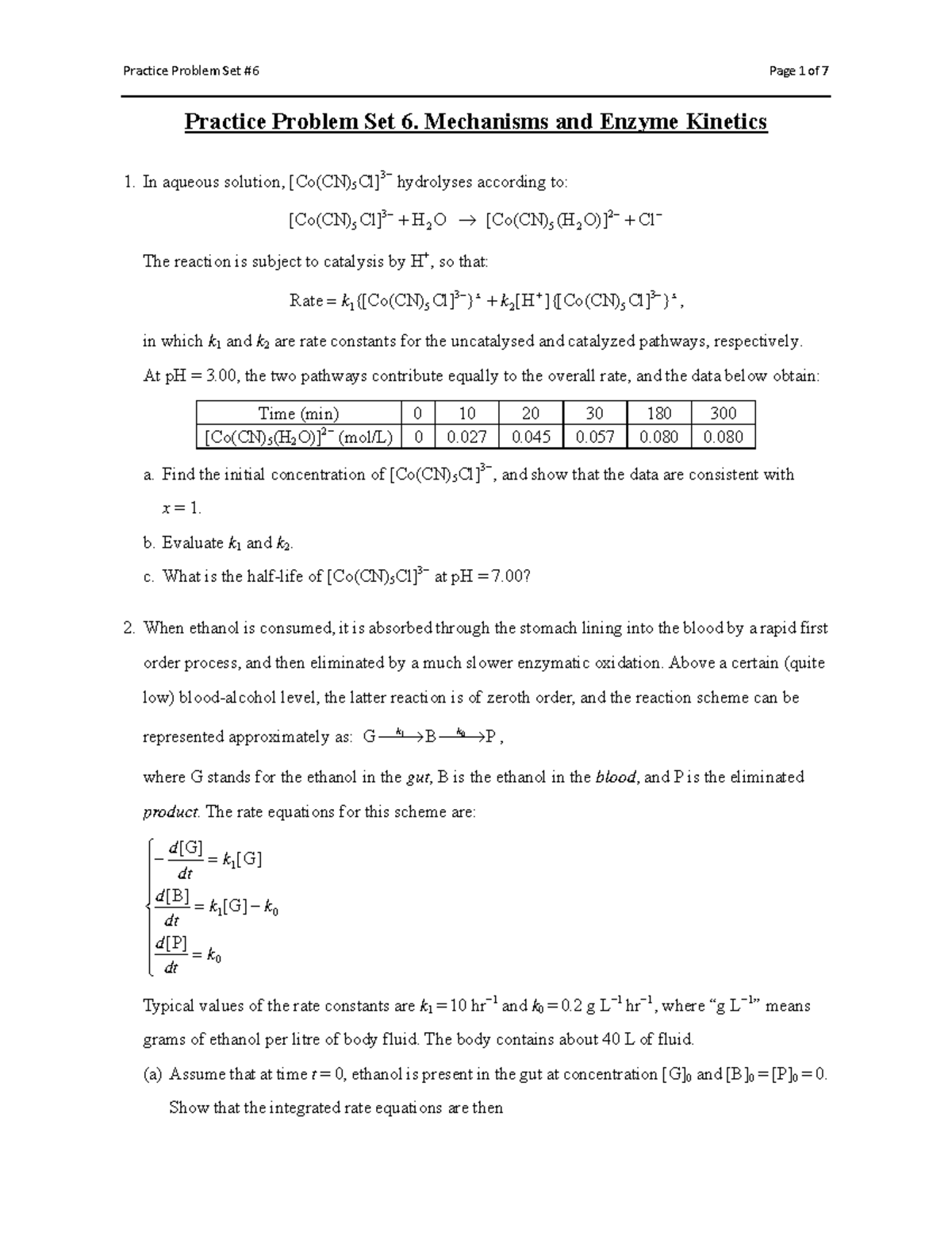 Practice Problem Set 6: Mechanisms & Enzyme Kinetics Analysis - Studocu