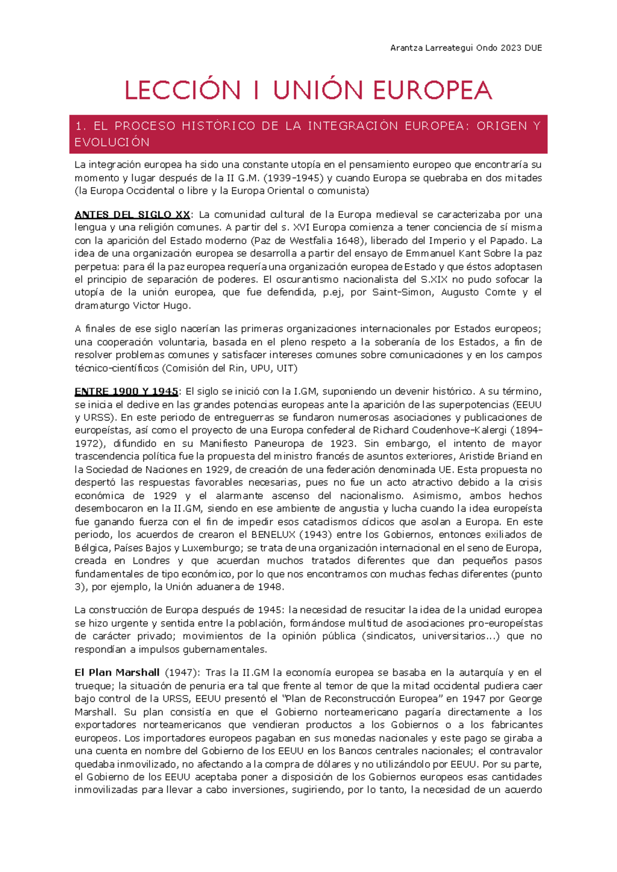 Tema 1 - DUE - LECCIÓN 1 UNIÓN EUROPEA 1. EL PROCESO HISTÓRICO DE LA ...