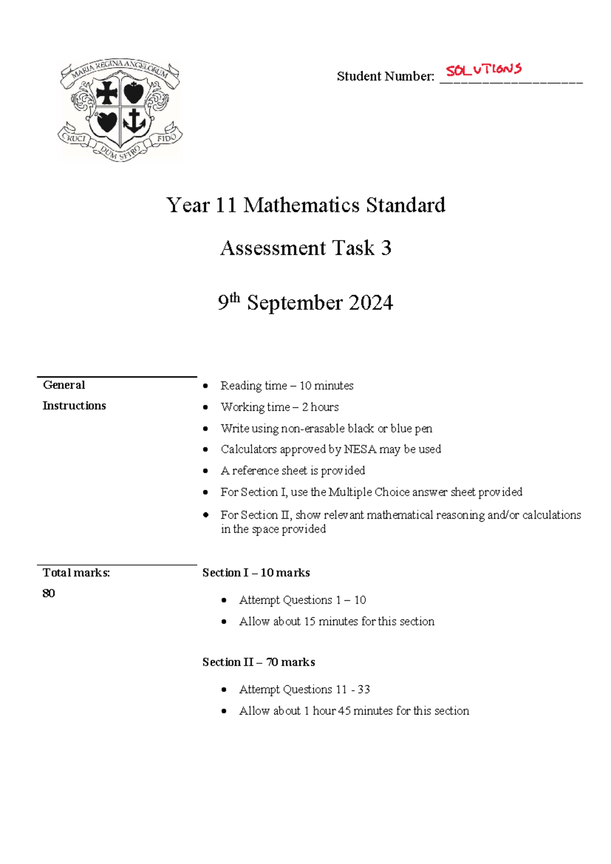 2024 Year 11 Mathematics Standard Assessment Task 3 Solutions - Studocu